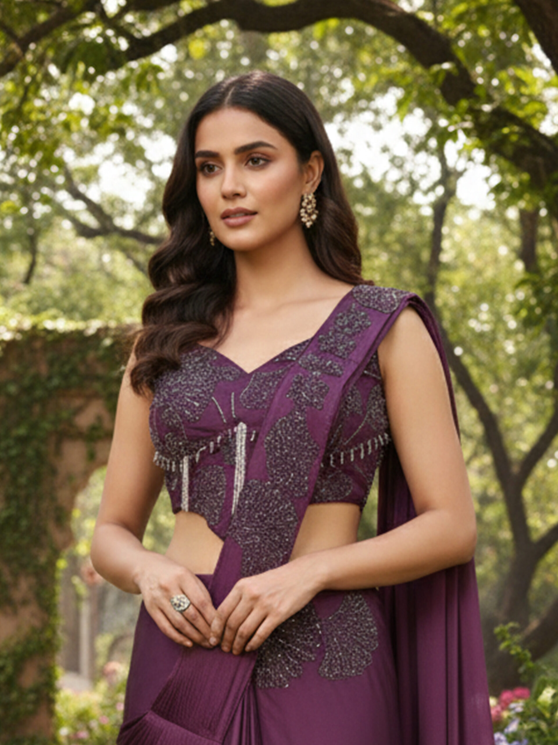 Plum Wine Embellished Pre-Draped Saree with Designer Blouse - Image 8
