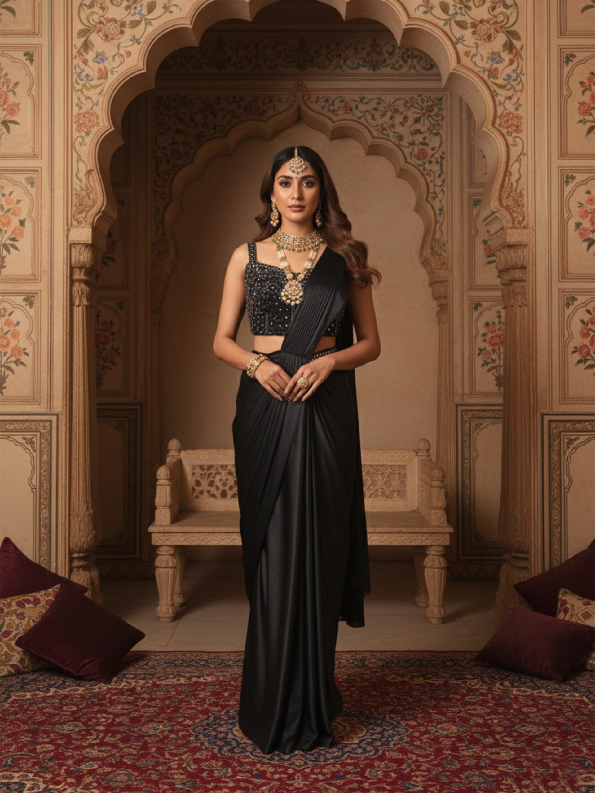 Midnight Noir Embellished Draped Saree Set