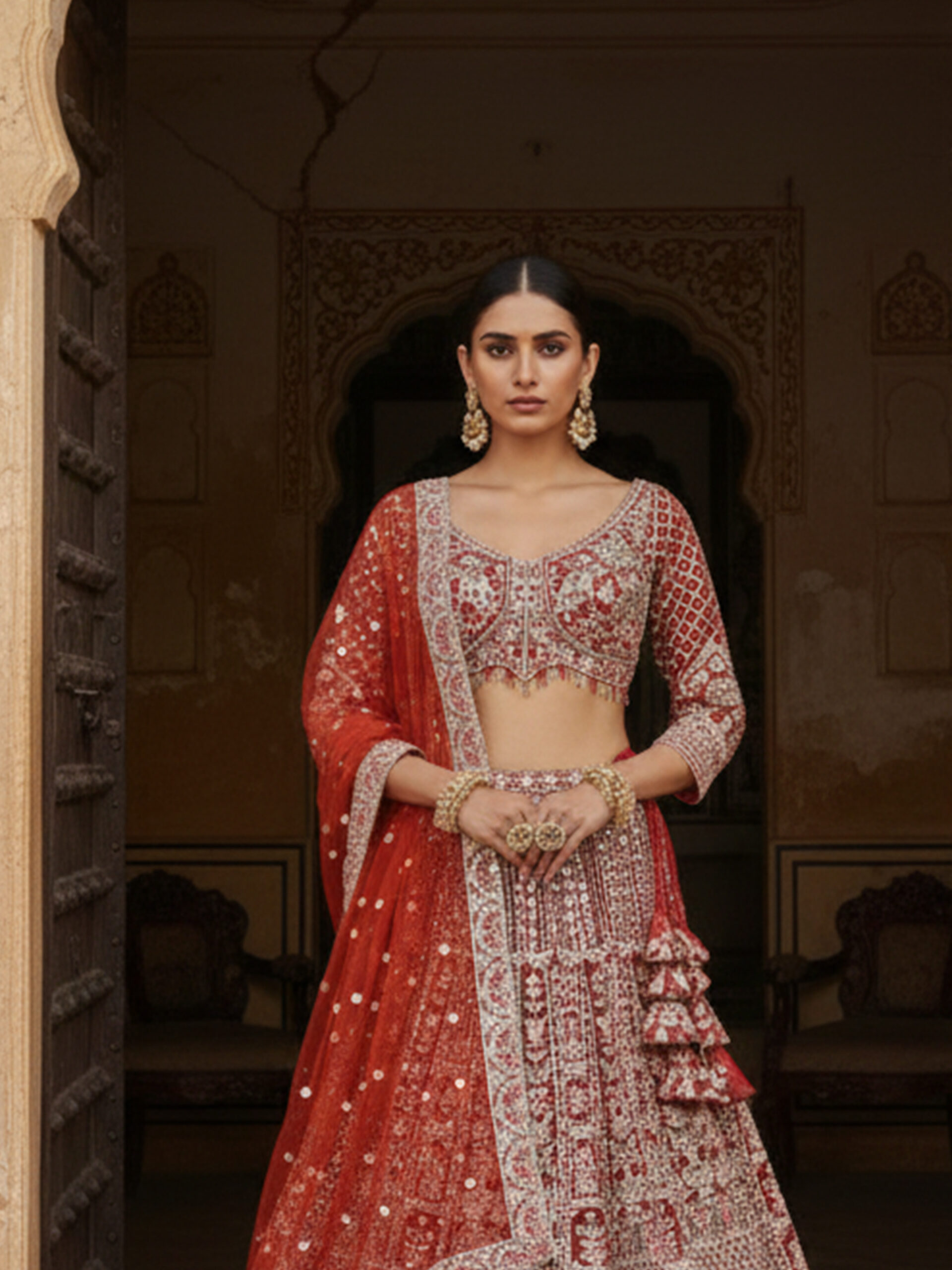 Crimson Darbar Hand-Embroidered Bridal Lehenga Set - Image 3