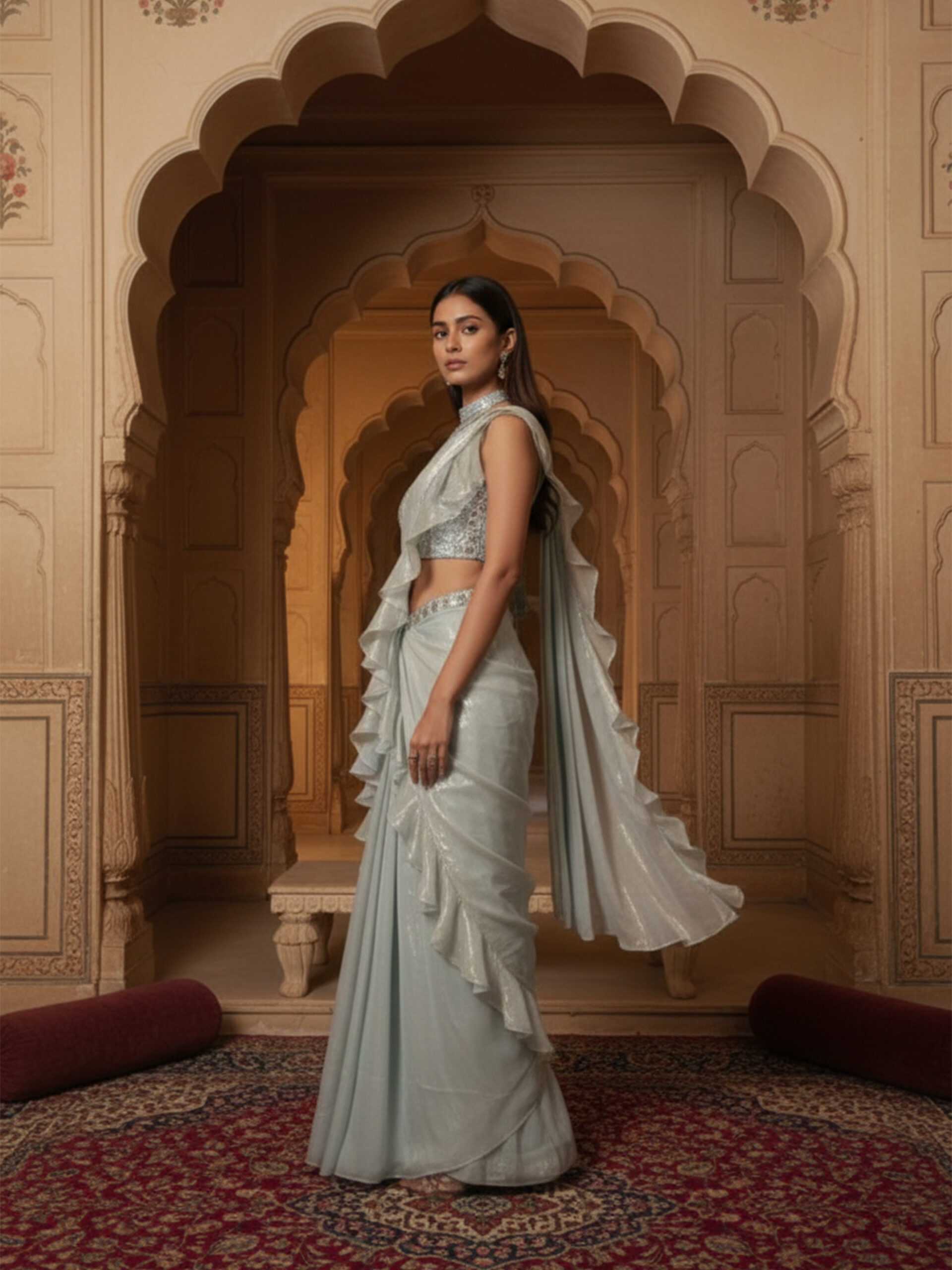 Ivory Silver Ruffle Draped Saree with Embellished Halter Blouse - Image 4