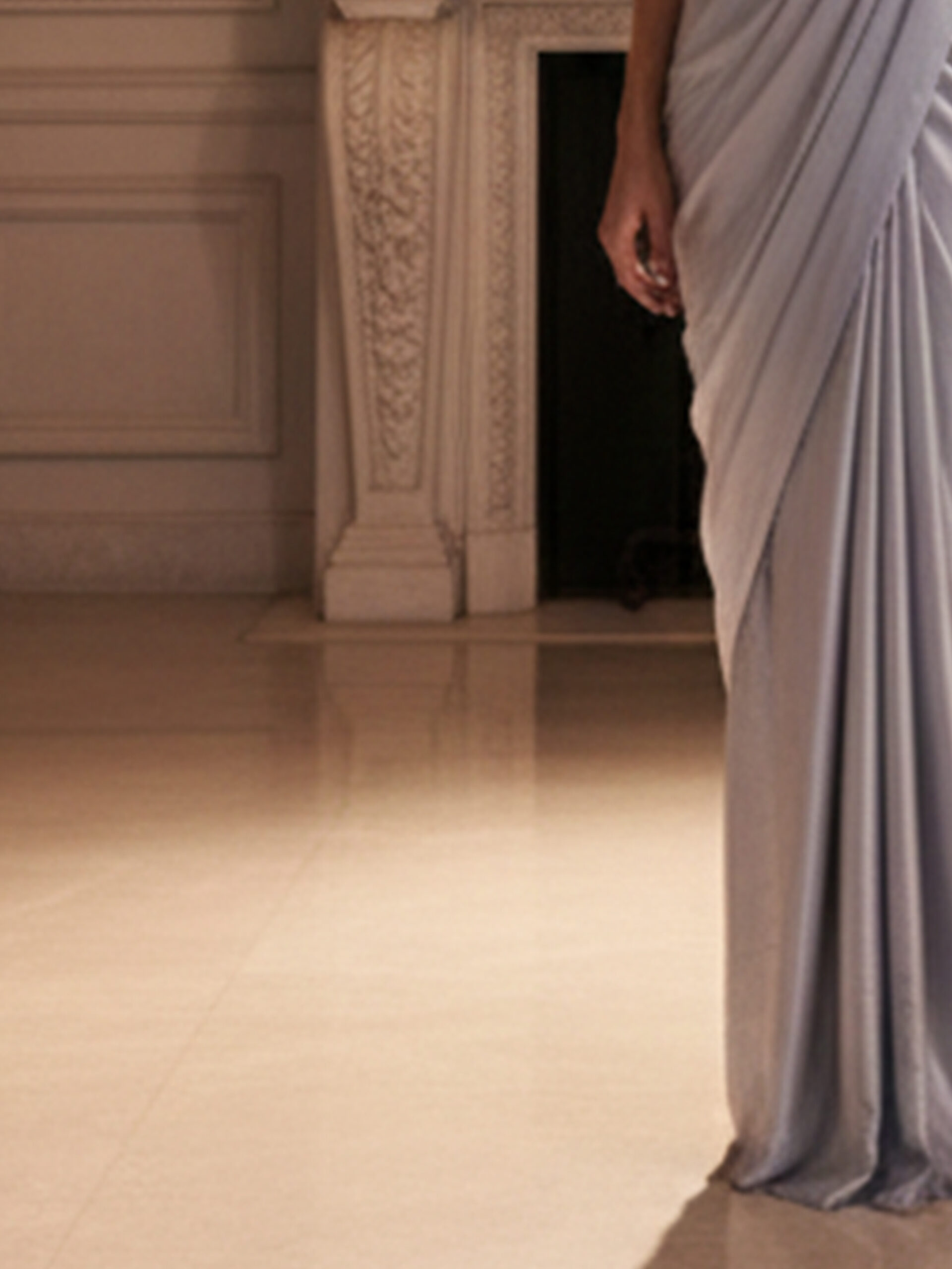 Elegant Silver Satin Pre-Draped Saree with Embellished One-Shoulder Blouse - Image 4