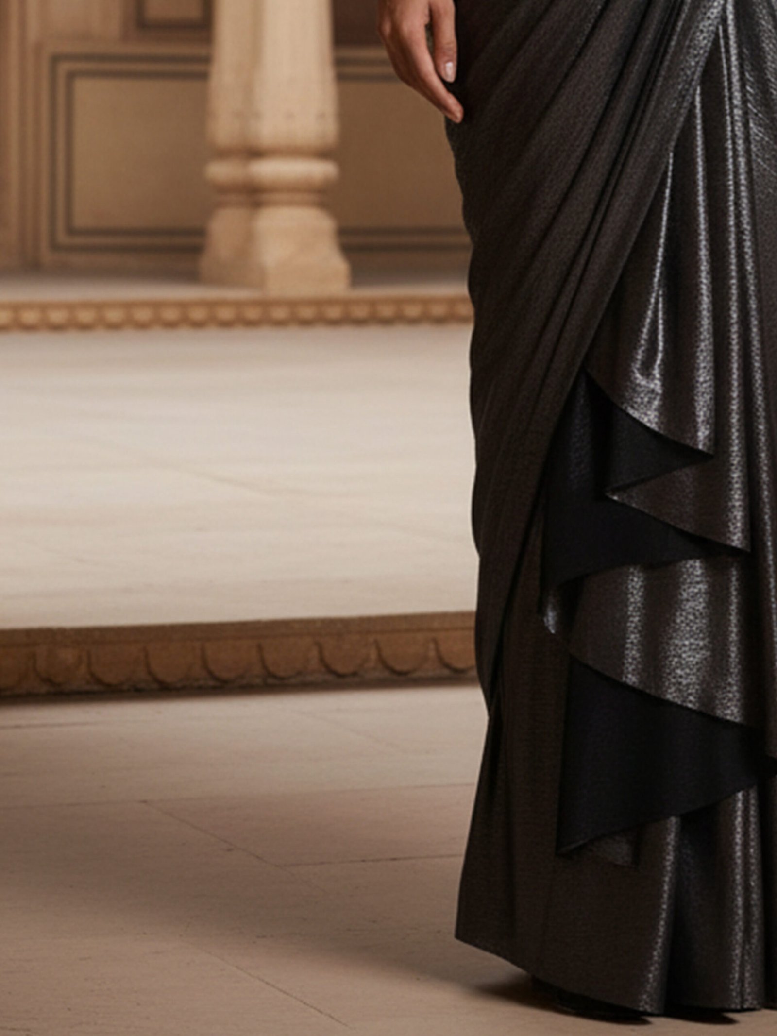 Midnight Black Shimmer Pre-Draped Saree with Embellished Sleeveless Blouse - Image 7