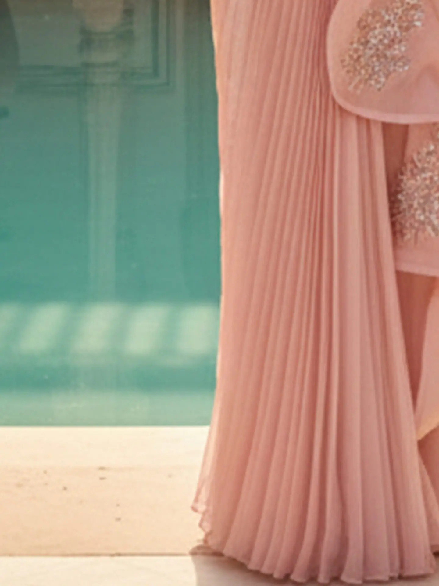 Soft Blush Pre-Draped Pleated Saree with Embellished Blouse - Image 4