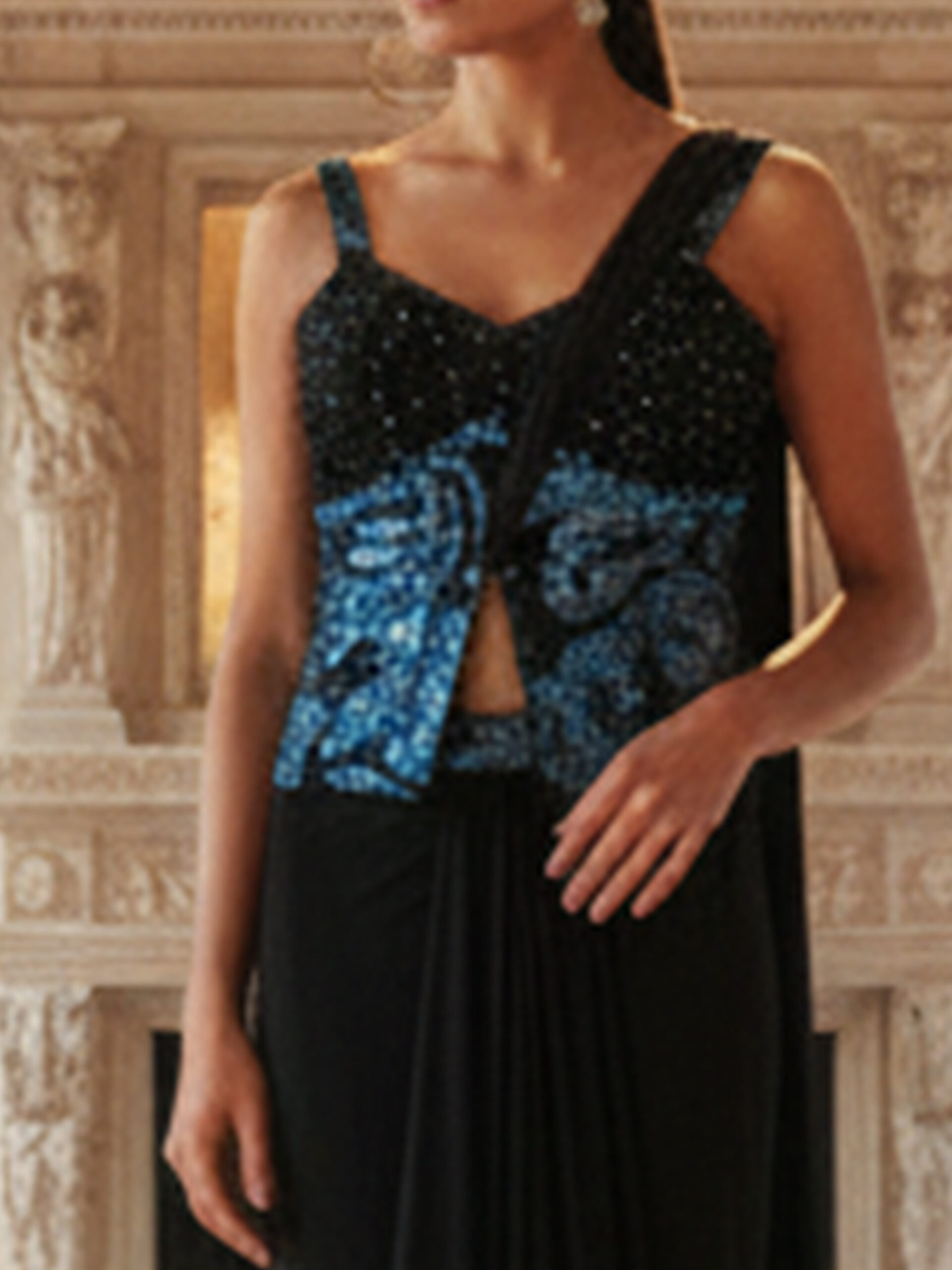 Regal Noir Pre-Draped Saree with Hand-Embellished Couture Blouse - Image 4