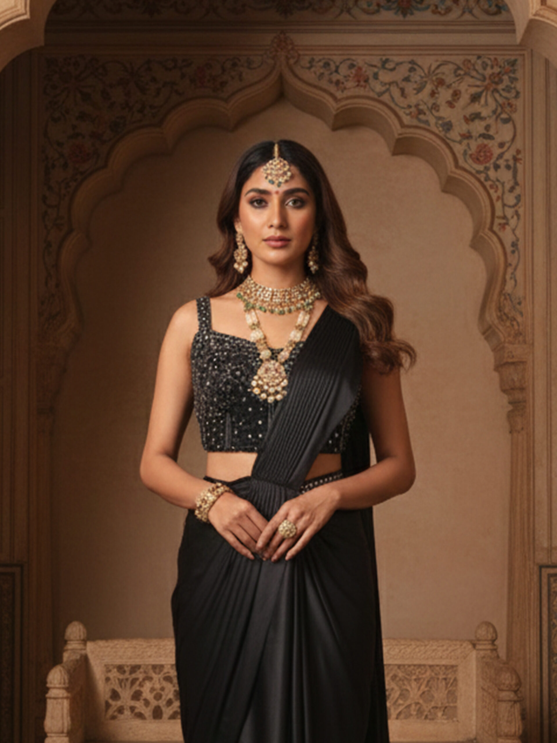 Midnight Noir Embellished Draped Saree Set - Image 4
