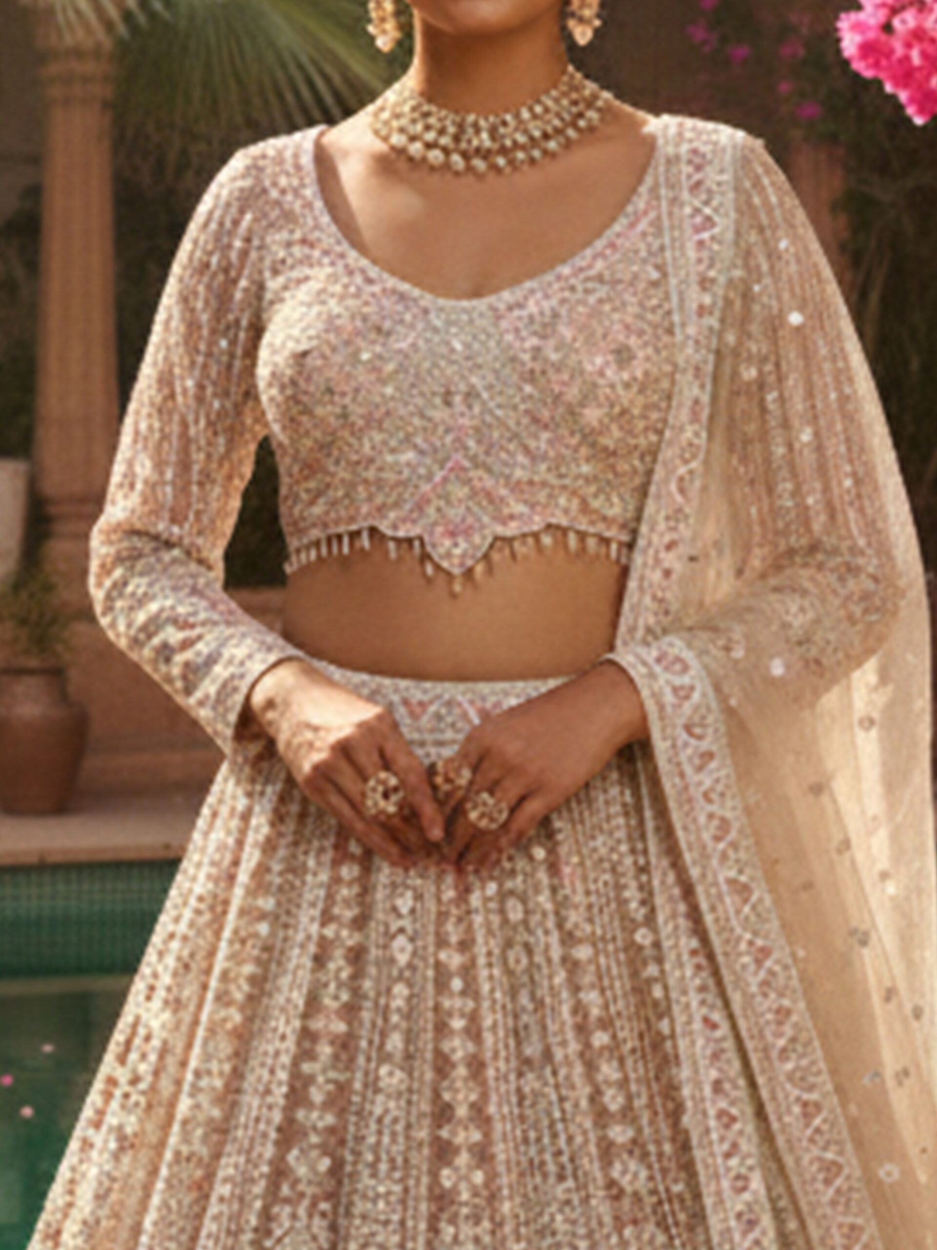 Ivory Blush Jaal Hand-Embroidered Bridal Lehenga Set - Image 9