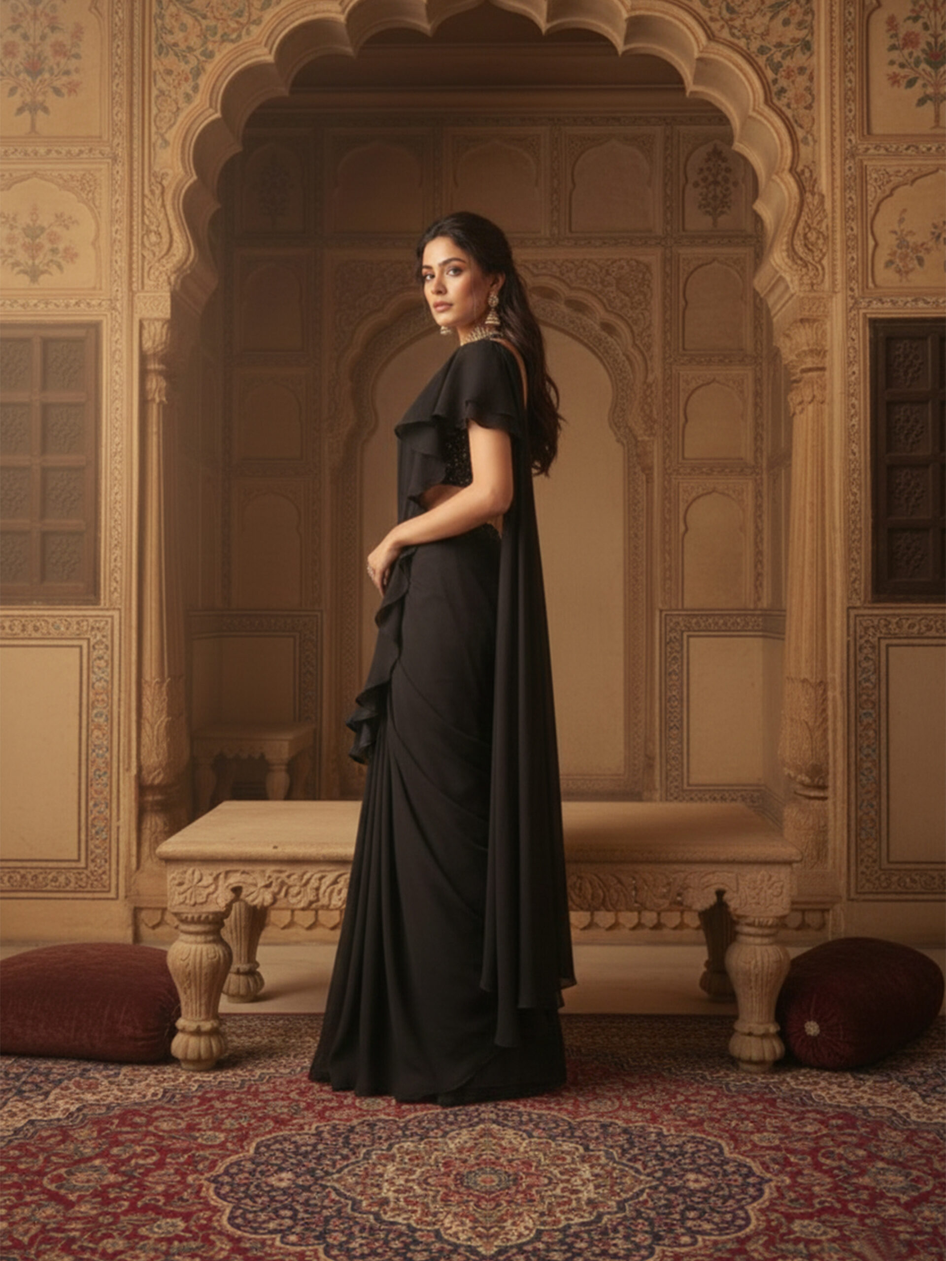 Elegant Grey Banarasi Silk Draped Saree - Image 2