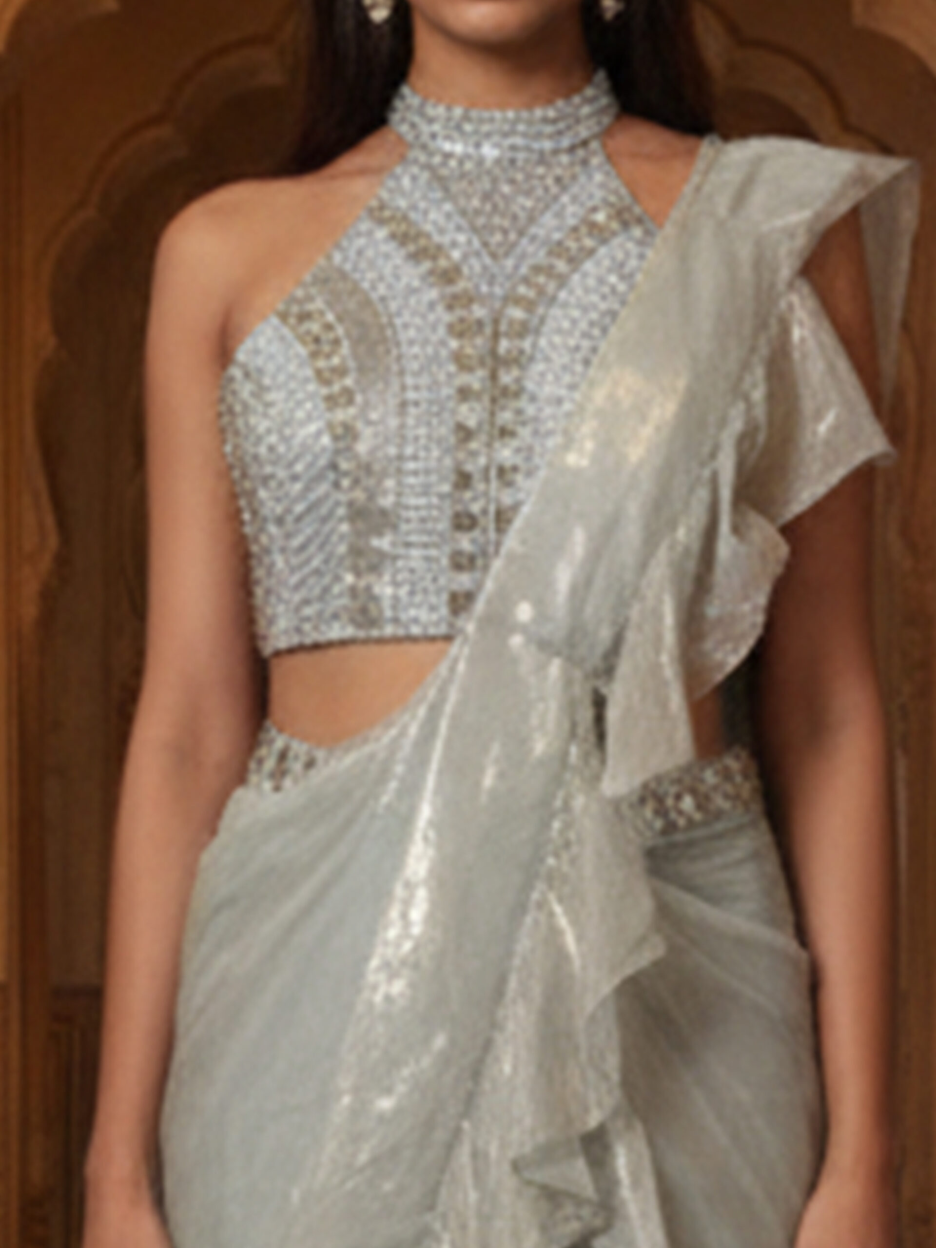 Ivory Silver Ruffle Draped Saree with Embellished Halter Blouse - Image 5
