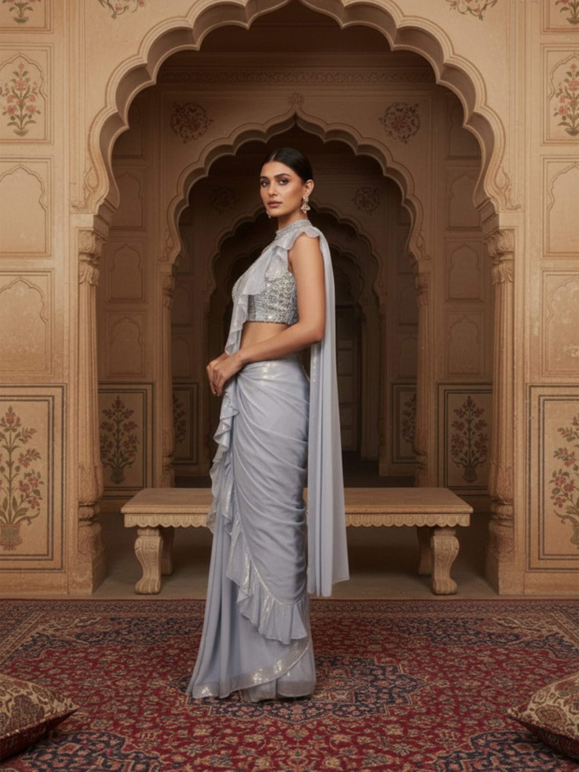 Moonlight Silver Ruffle Draped Saree with Embellished Halter Blouse - Image 5