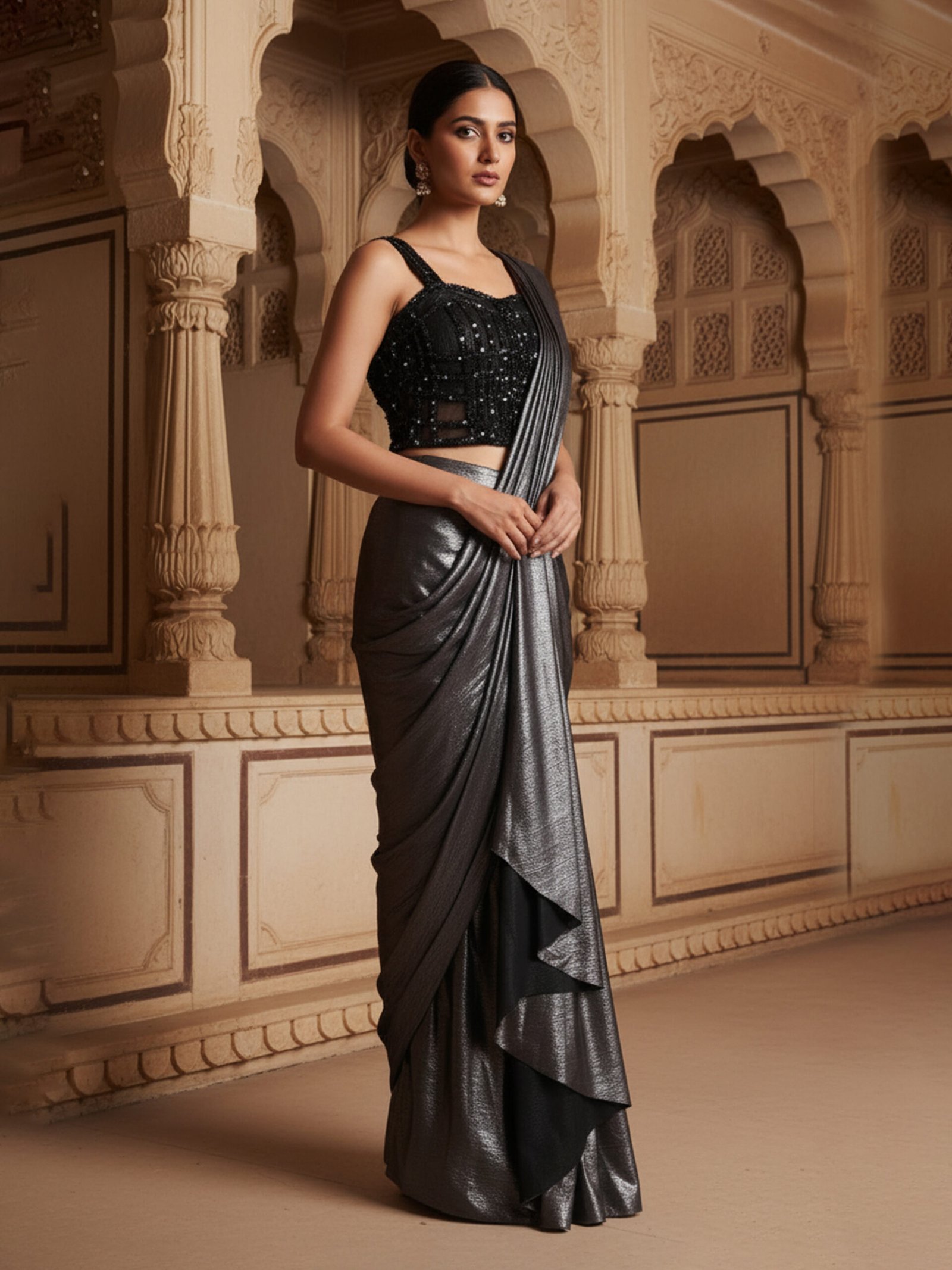 Midnight Black Shimmer Pre-Draped Saree with Embellished Sleeveless Blouse - Image 6