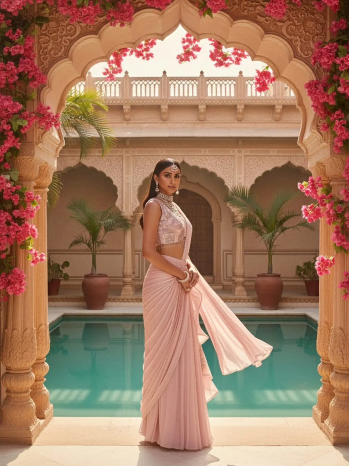 Soft Blush Pre-Draped Pleated Saree with Embellished Blouse - Image 5