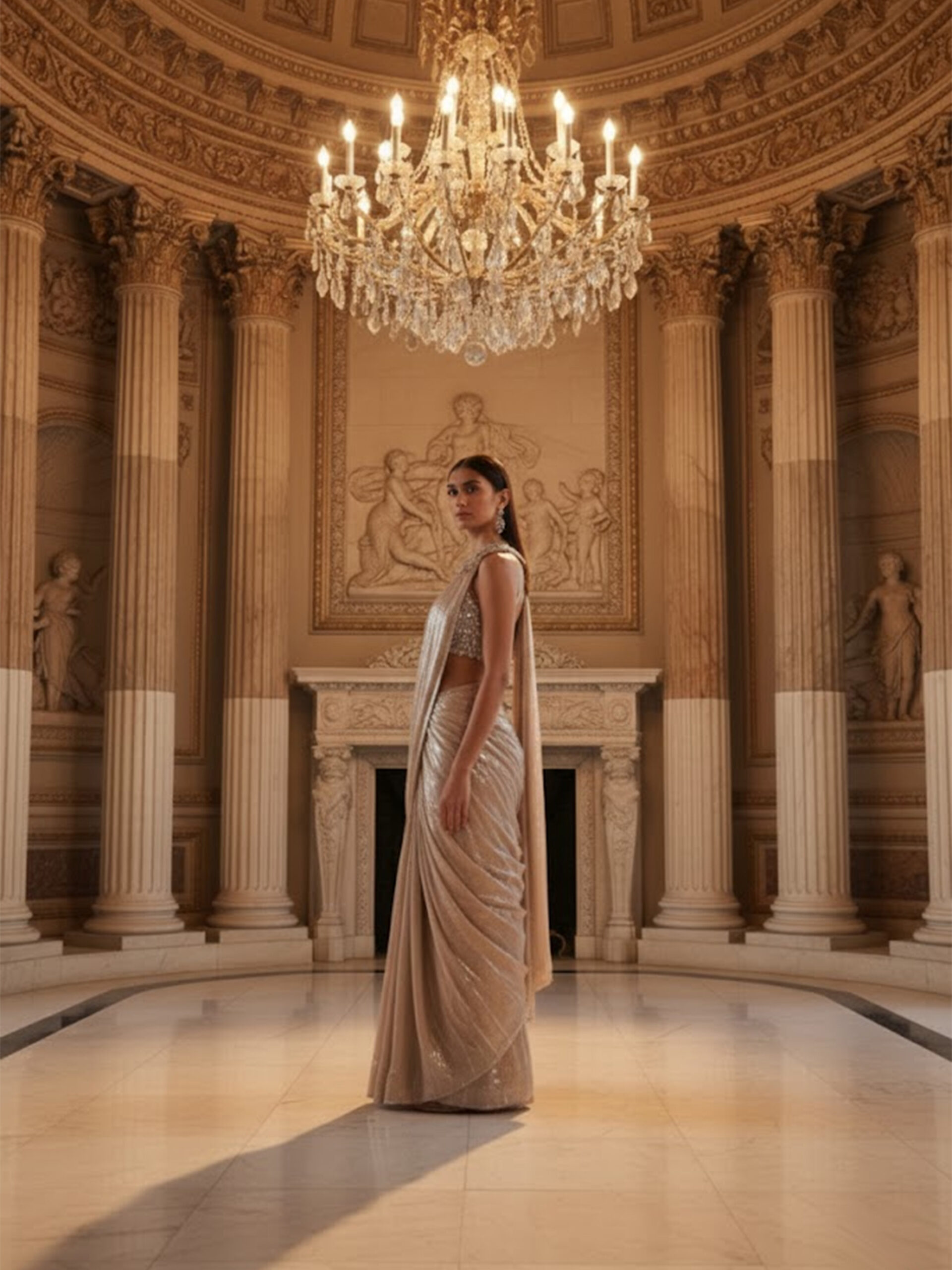 Ivory Champagne Pre-Draped Saree with Crystal Embellished Blouse - Image 5