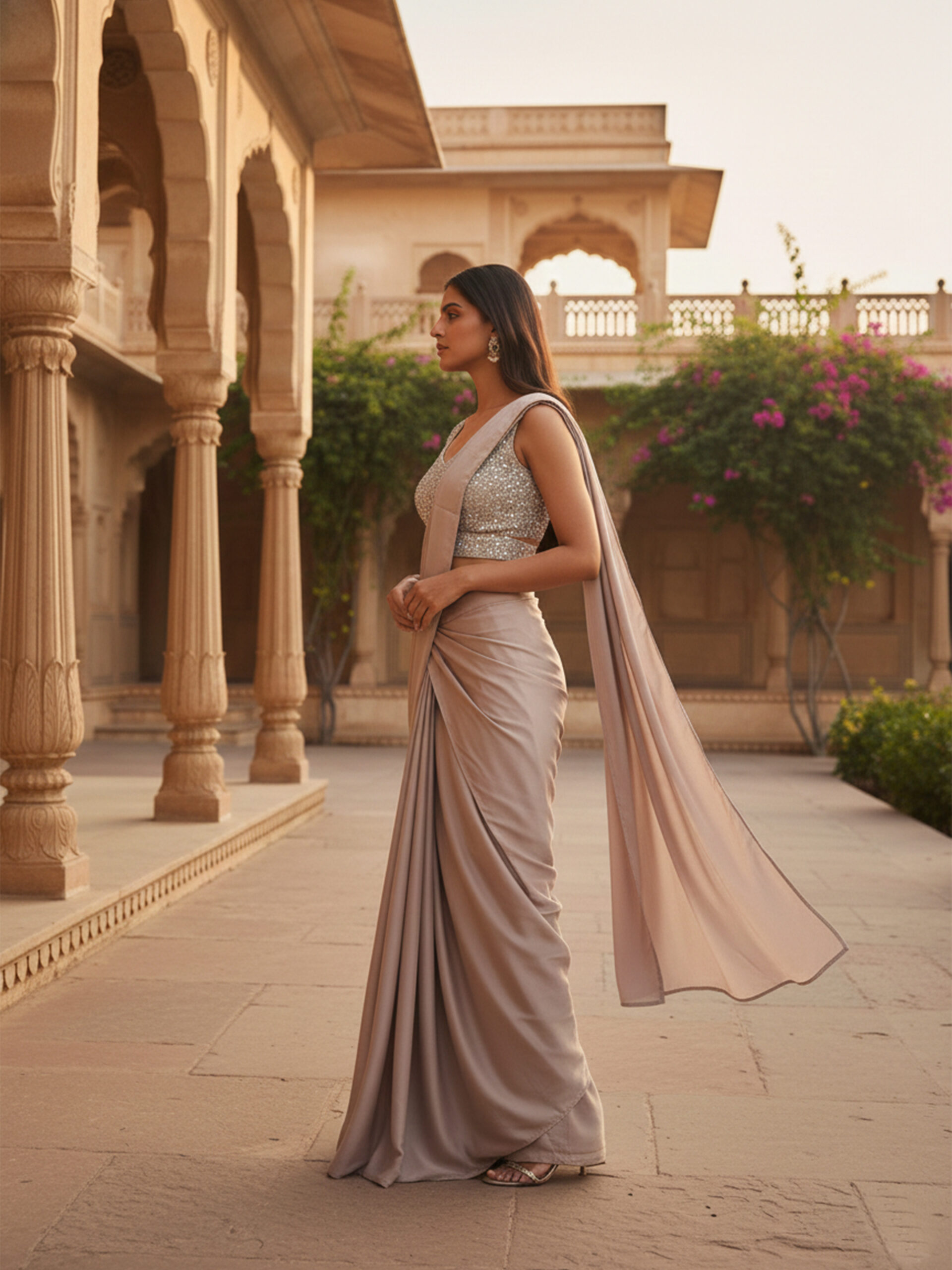 Taupe Grey Draped Saree with Embellished Blouse - Image 3