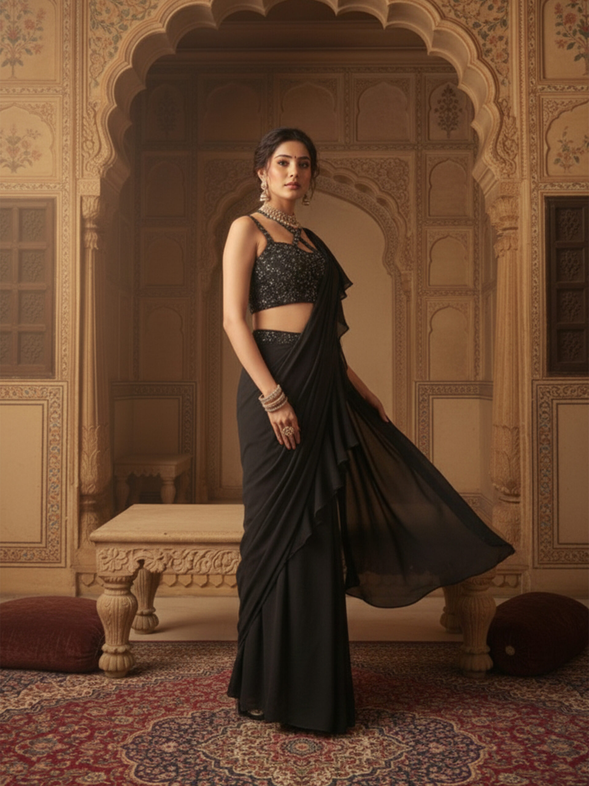 Elegant Grey Banarasi Silk Draped Saree - Image 8