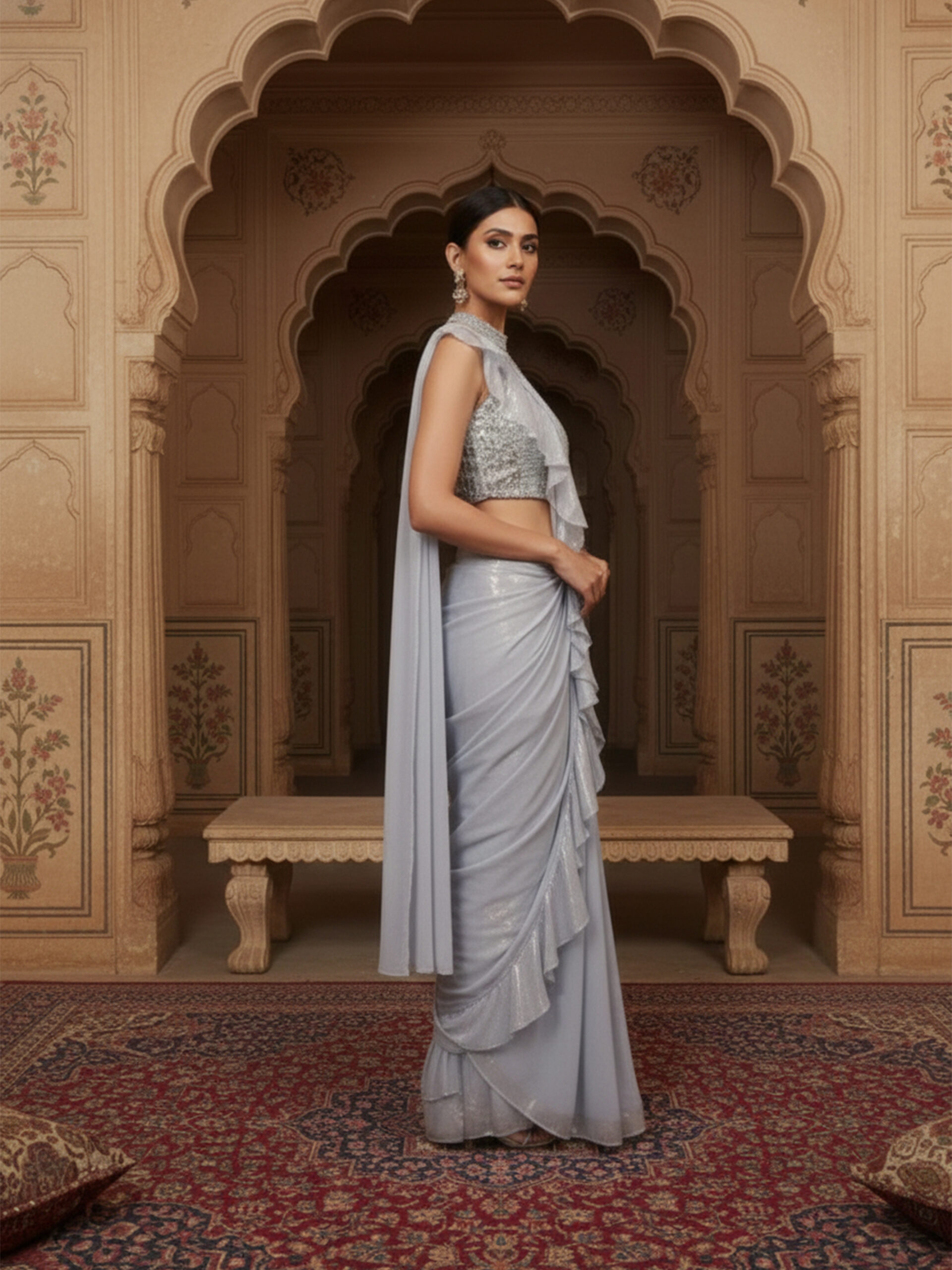 Moonlight Silver Ruffle Draped Saree with Embellished Halter Blouse - Image 6