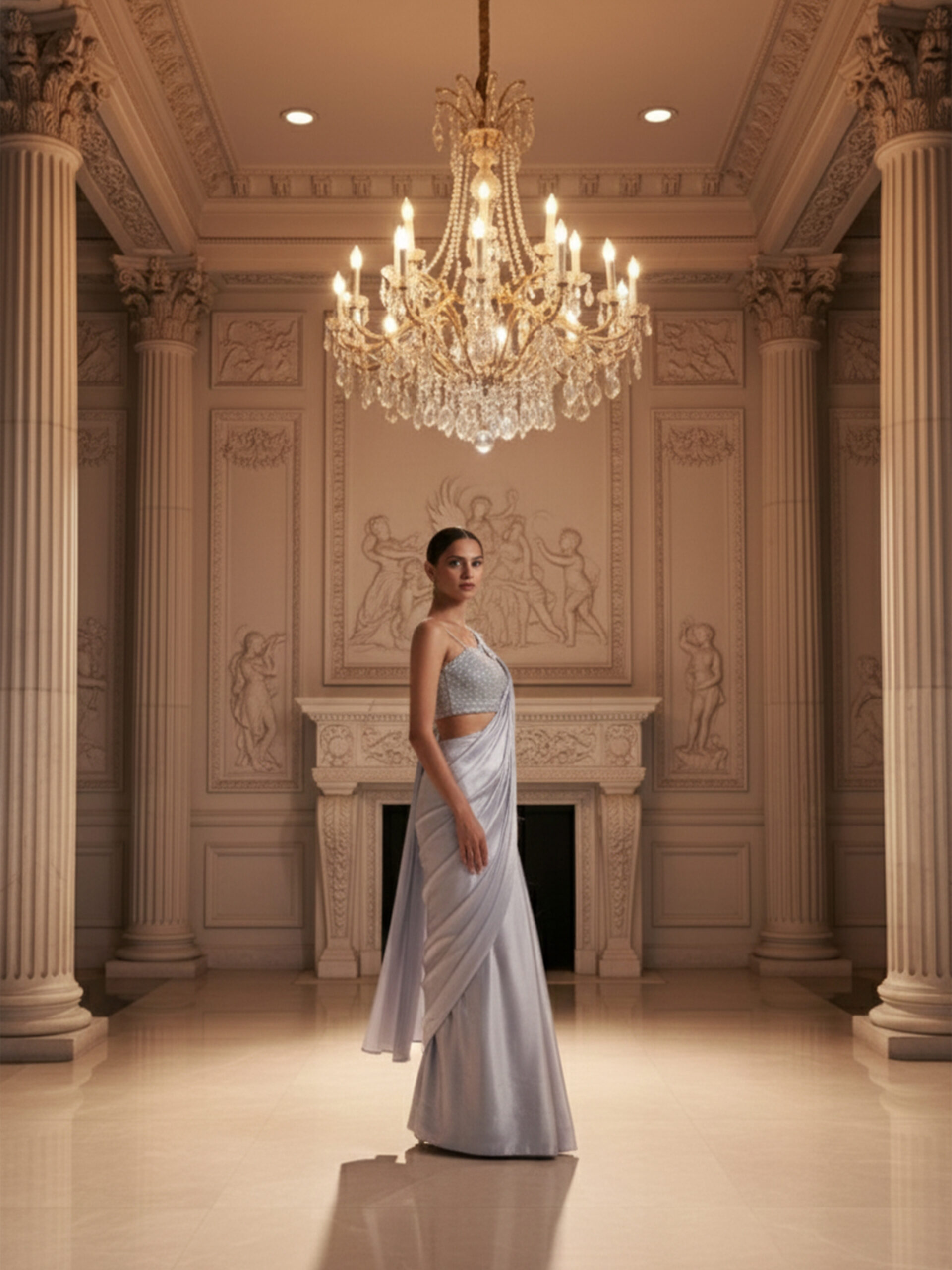 Elegant Silver Satin Pre-Draped Saree with Embellished One-Shoulder Blouse - Image 6