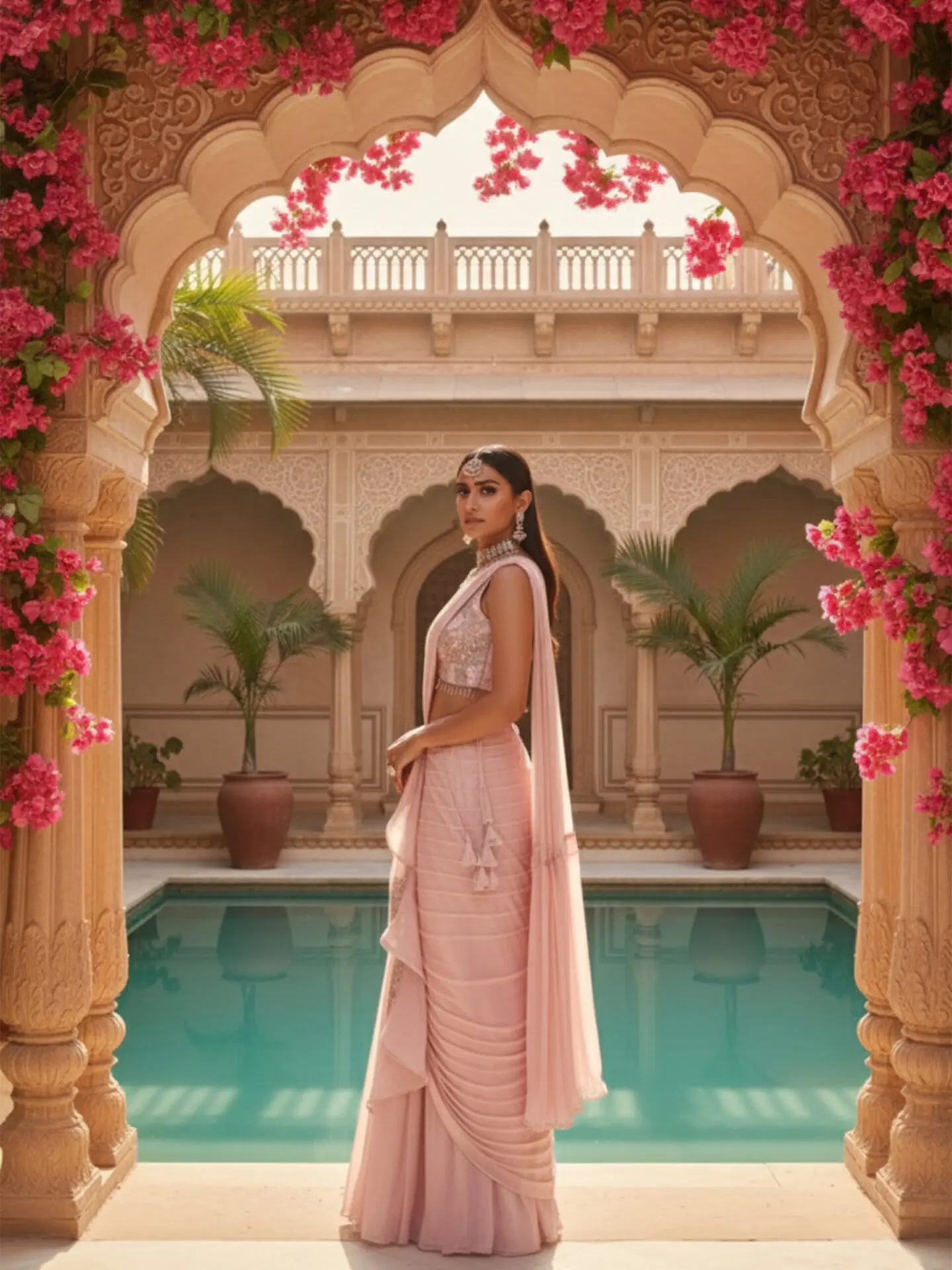 Soft Blush Pre-Draped Pleated Saree with Embellished Blouse - Image 6