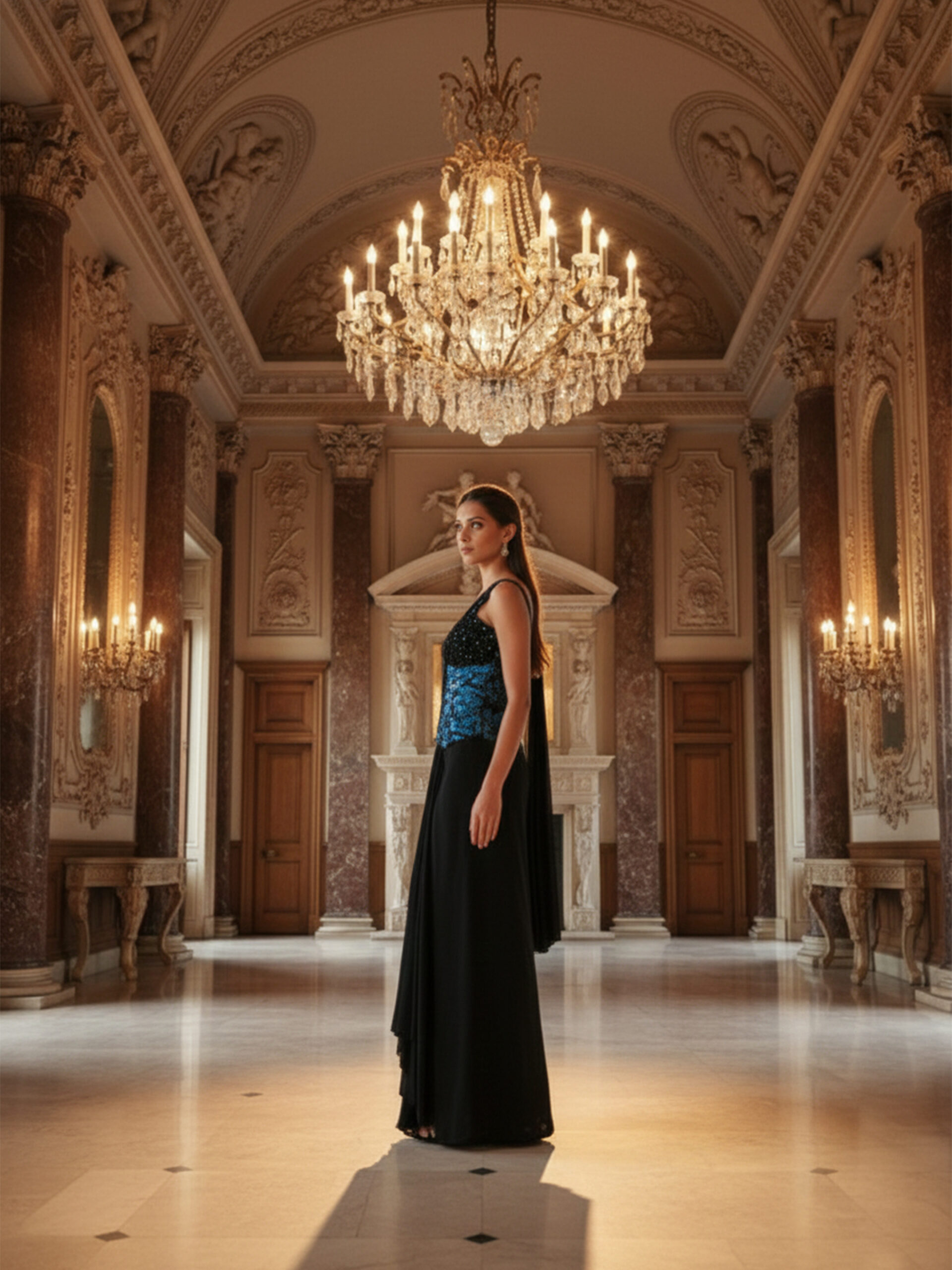 Regal Noir Pre-Draped Saree with Hand-Embellished Couture Blouse - Image 6