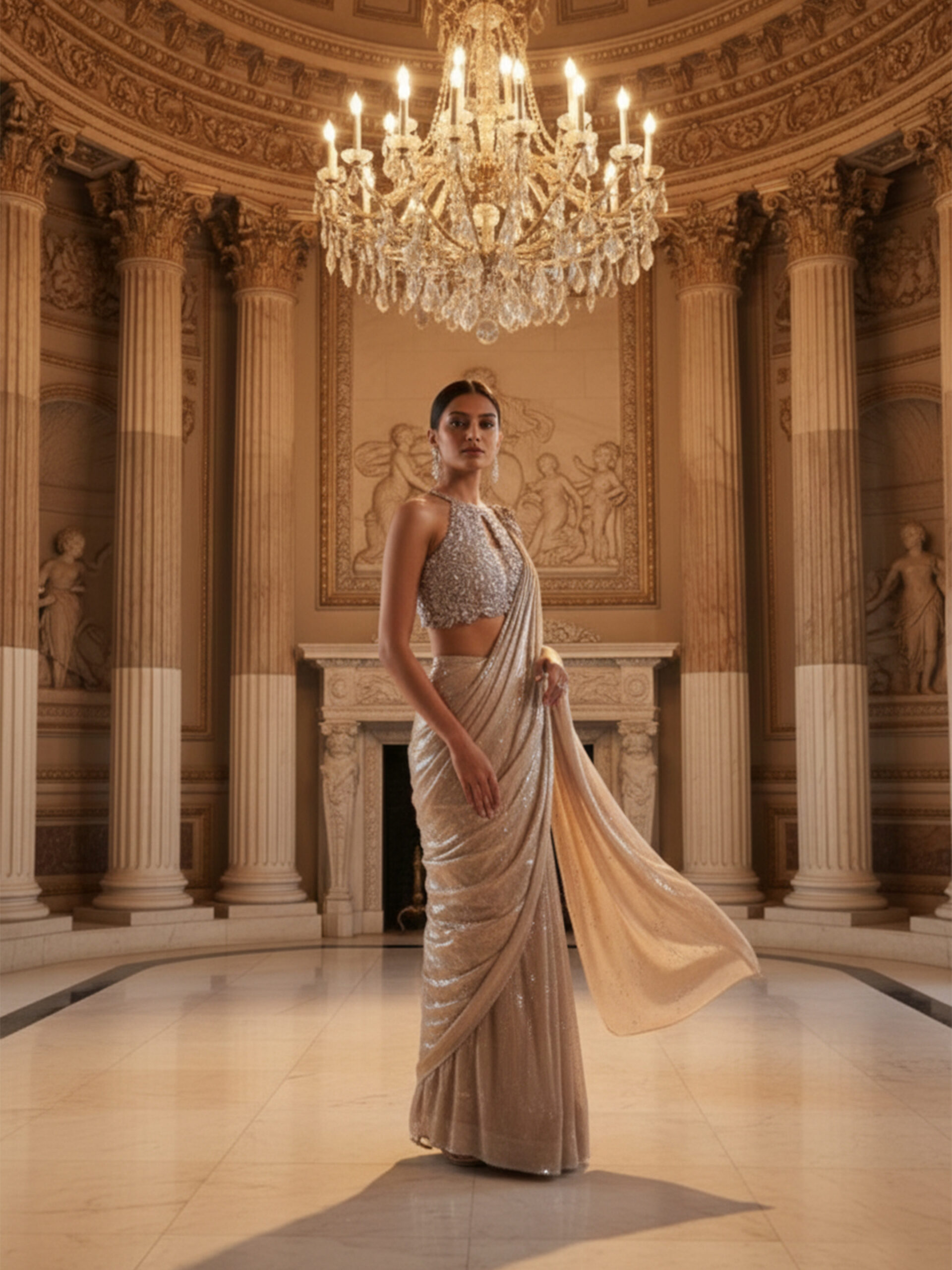 Ivory Champagne Pre-Draped Saree with Crystal Embellished Blouse - Image 6