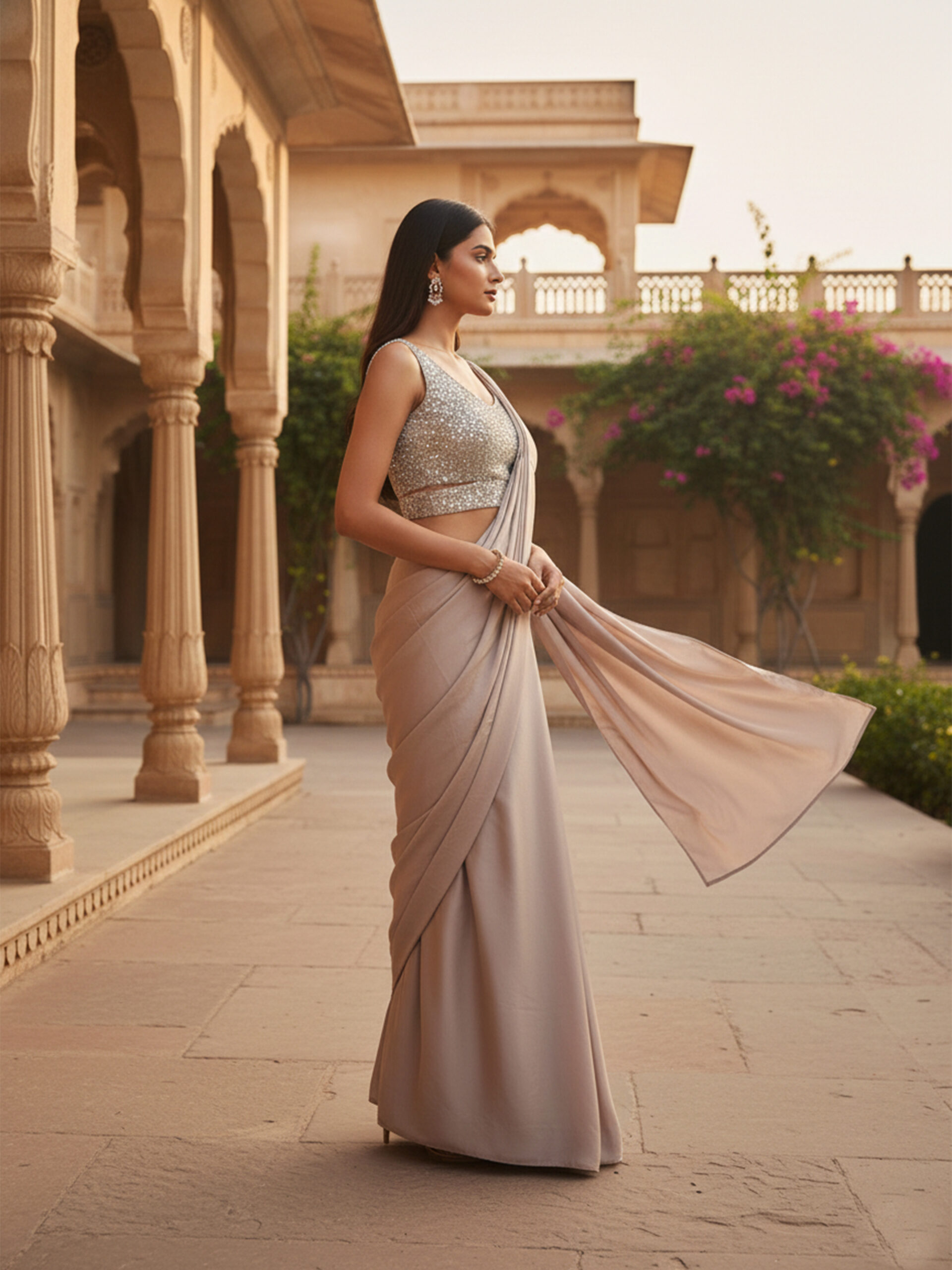 Taupe Grey Draped Saree with Embellished Blouse - Image 4