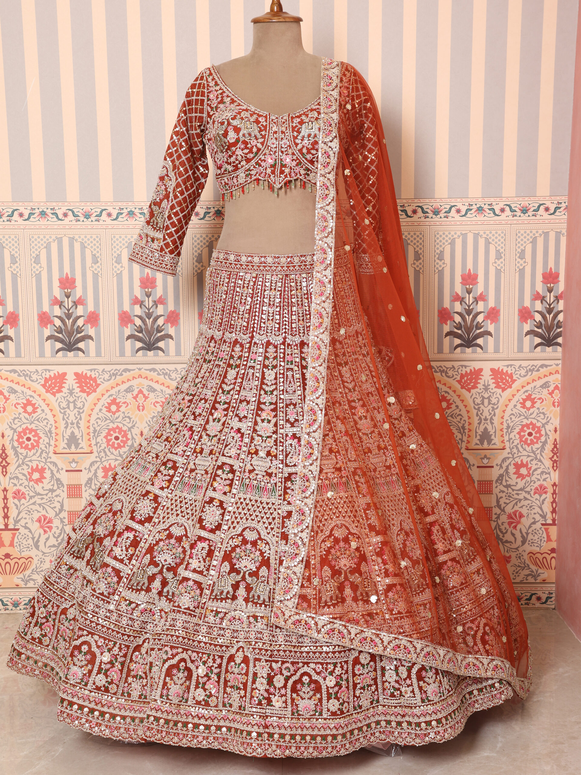 Crimson Darbar Hand-Embroidered Bridal Lehenga Set - Image 2