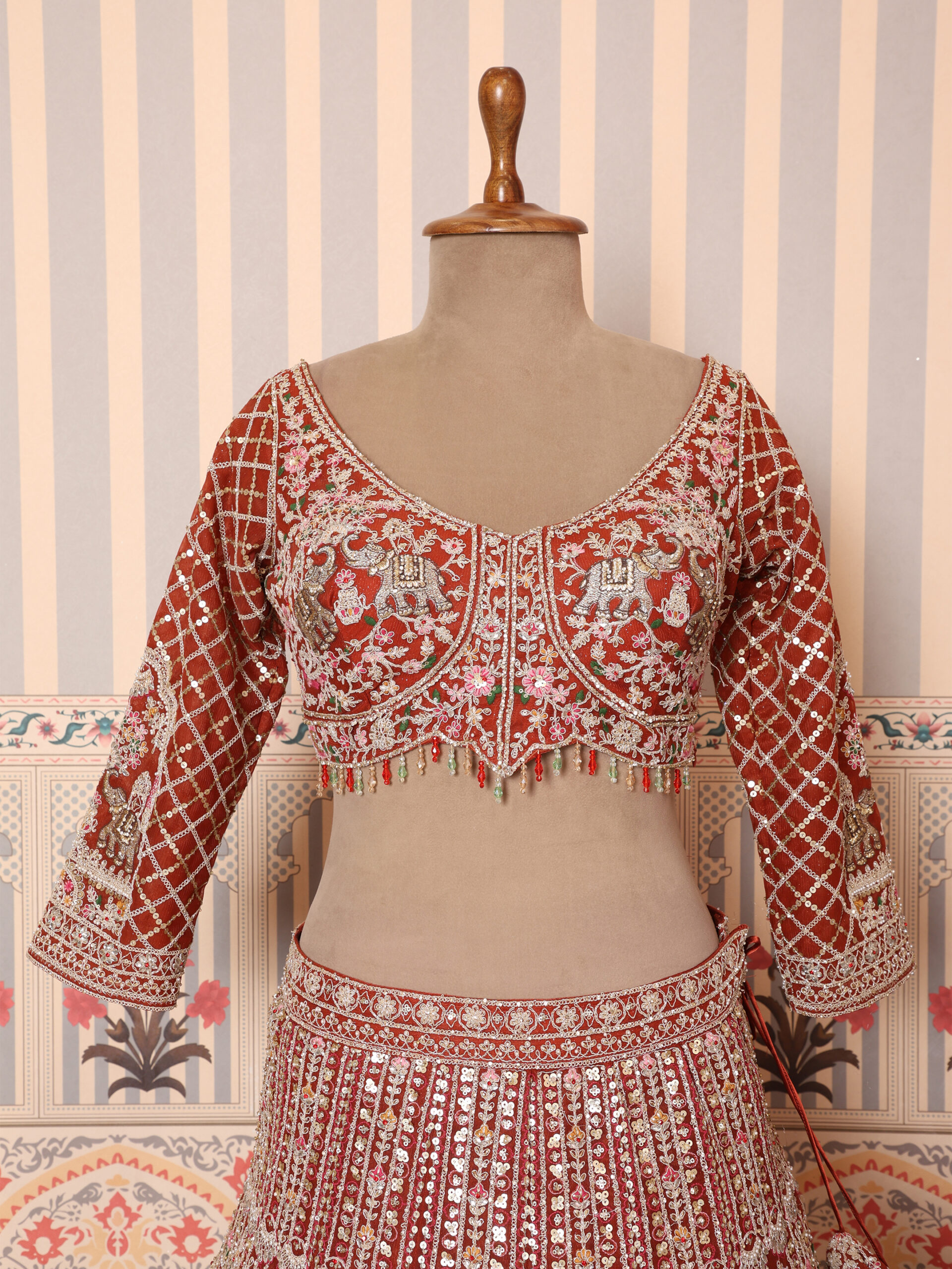 Crimson Darbar Hand-Embroidered Bridal Lehenga Set - Image 7