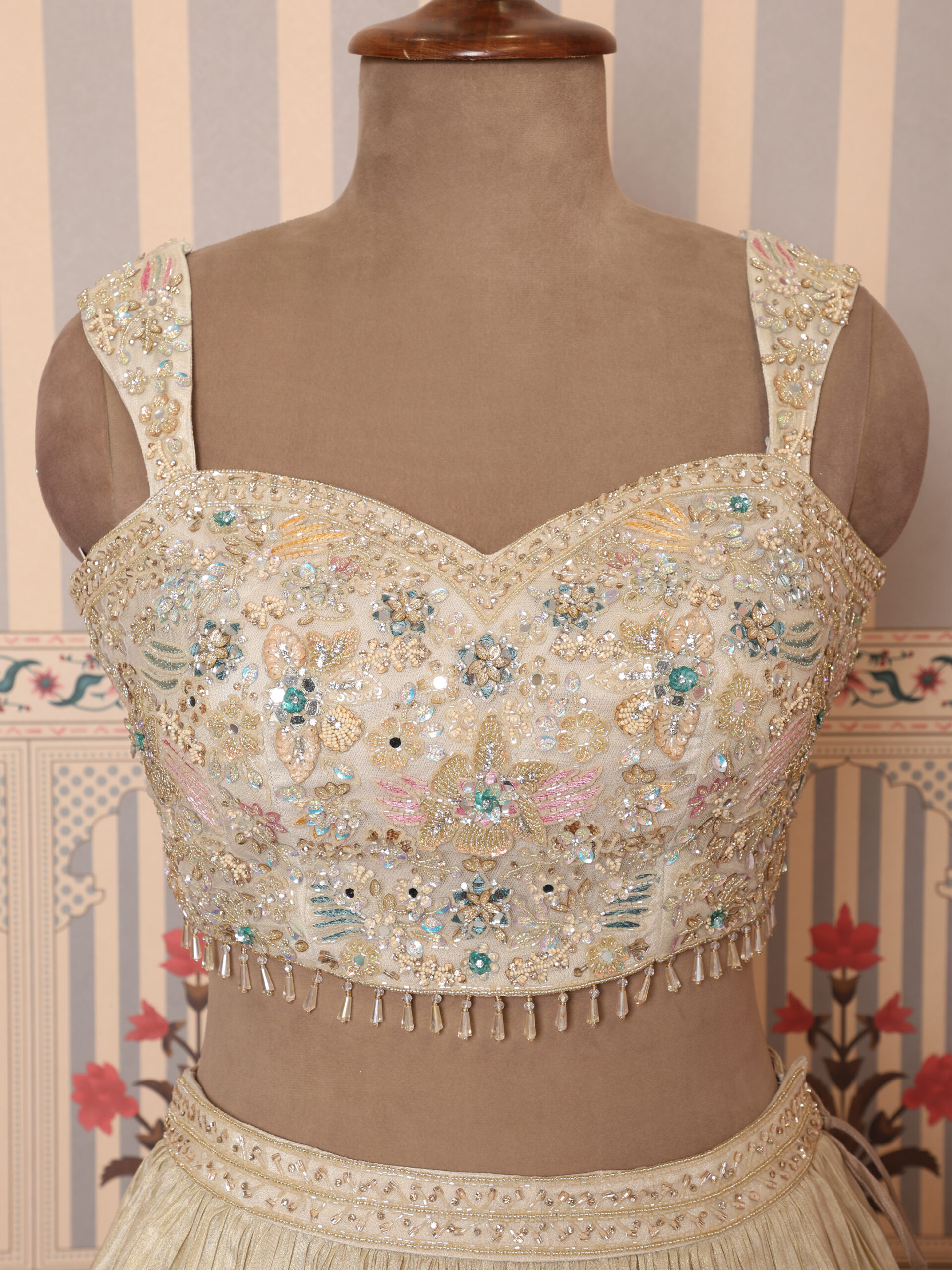 Ivory Floral Embroidered Bridal Lehenga Set - Image 6