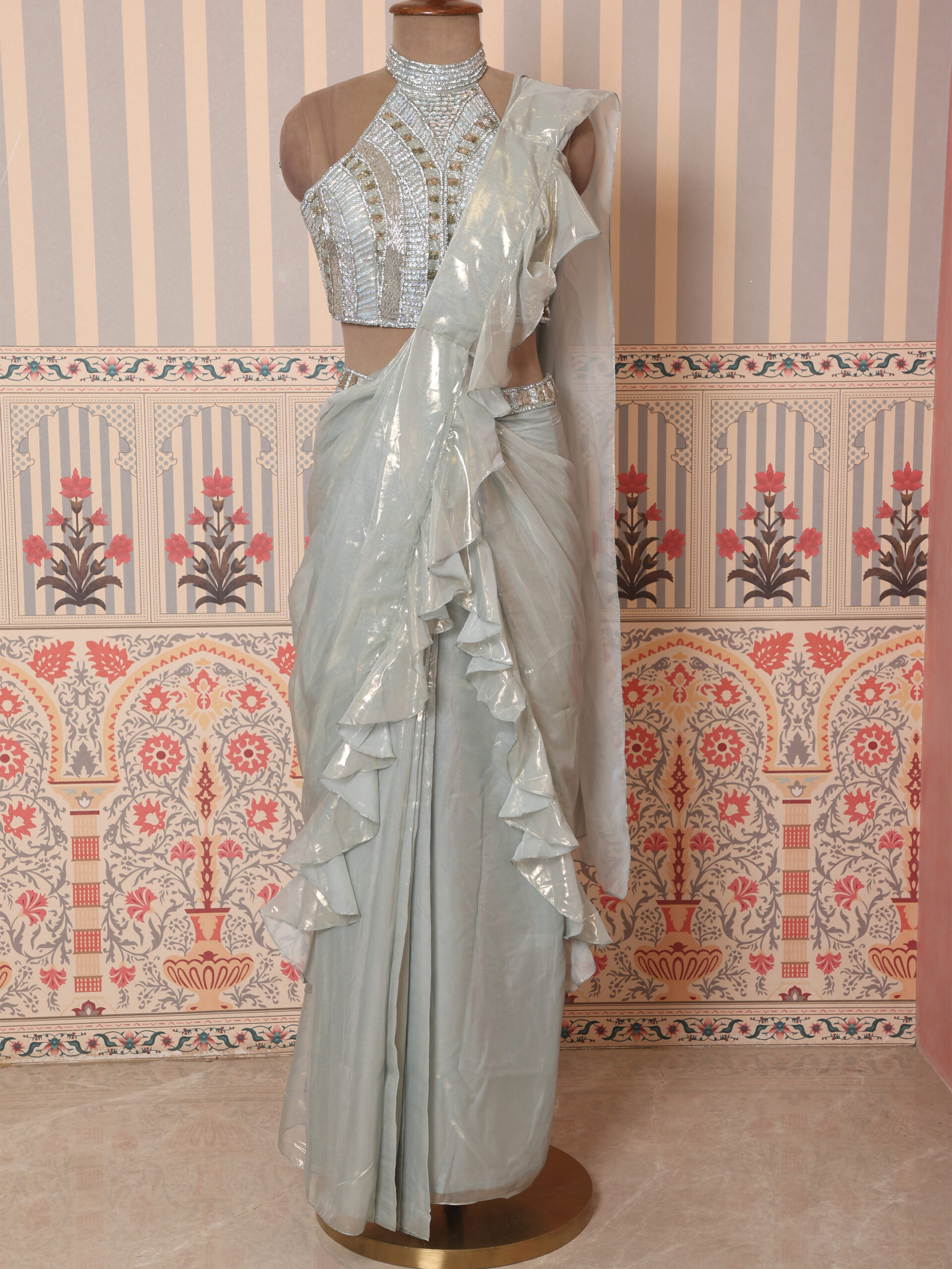 Ivory Silver Ruffle Draped Saree with Embellished Halter Blouse - Image 7
