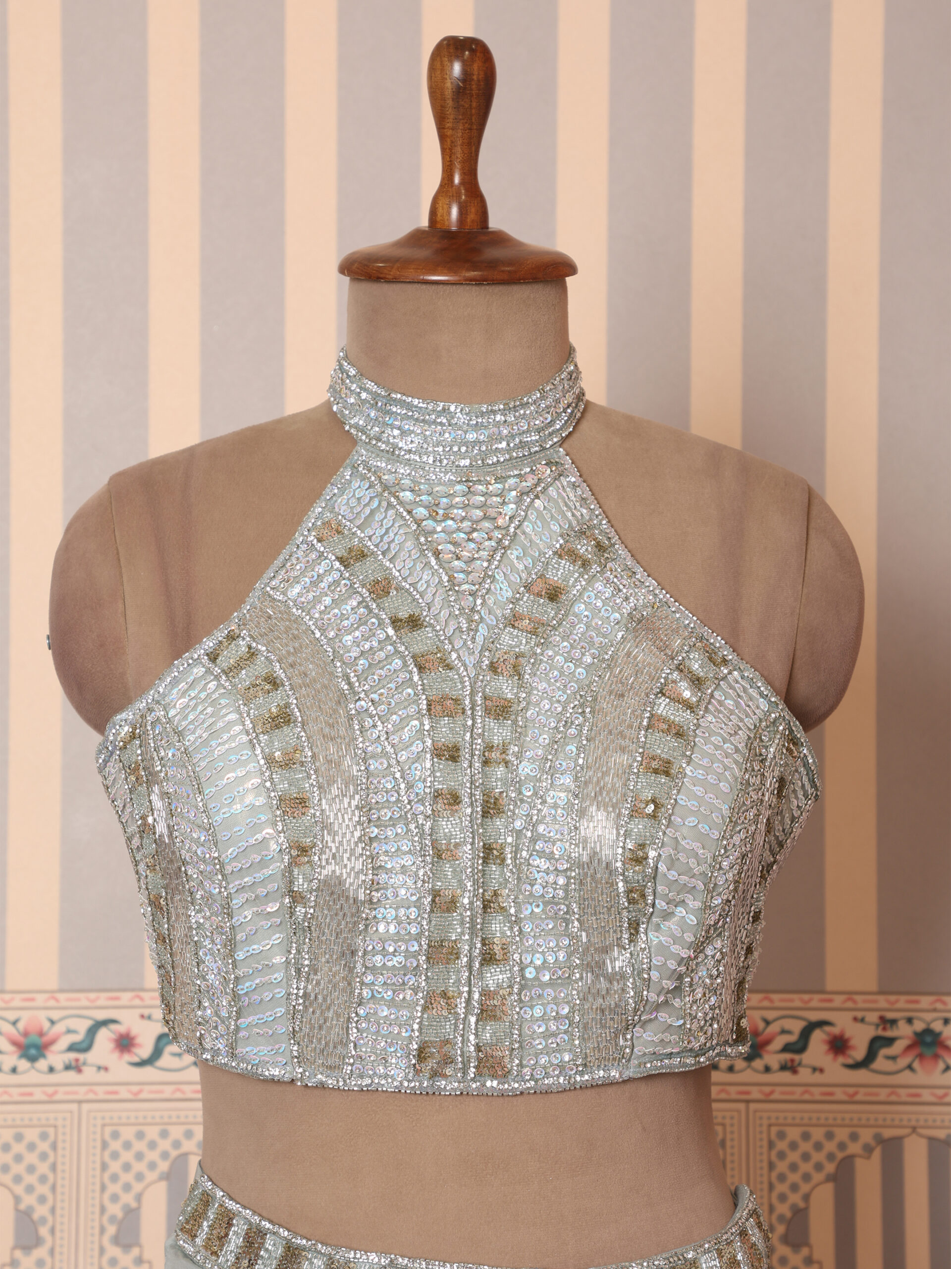 Ivory Silver Ruffle Draped Saree with Embellished Halter Blouse - Image 8