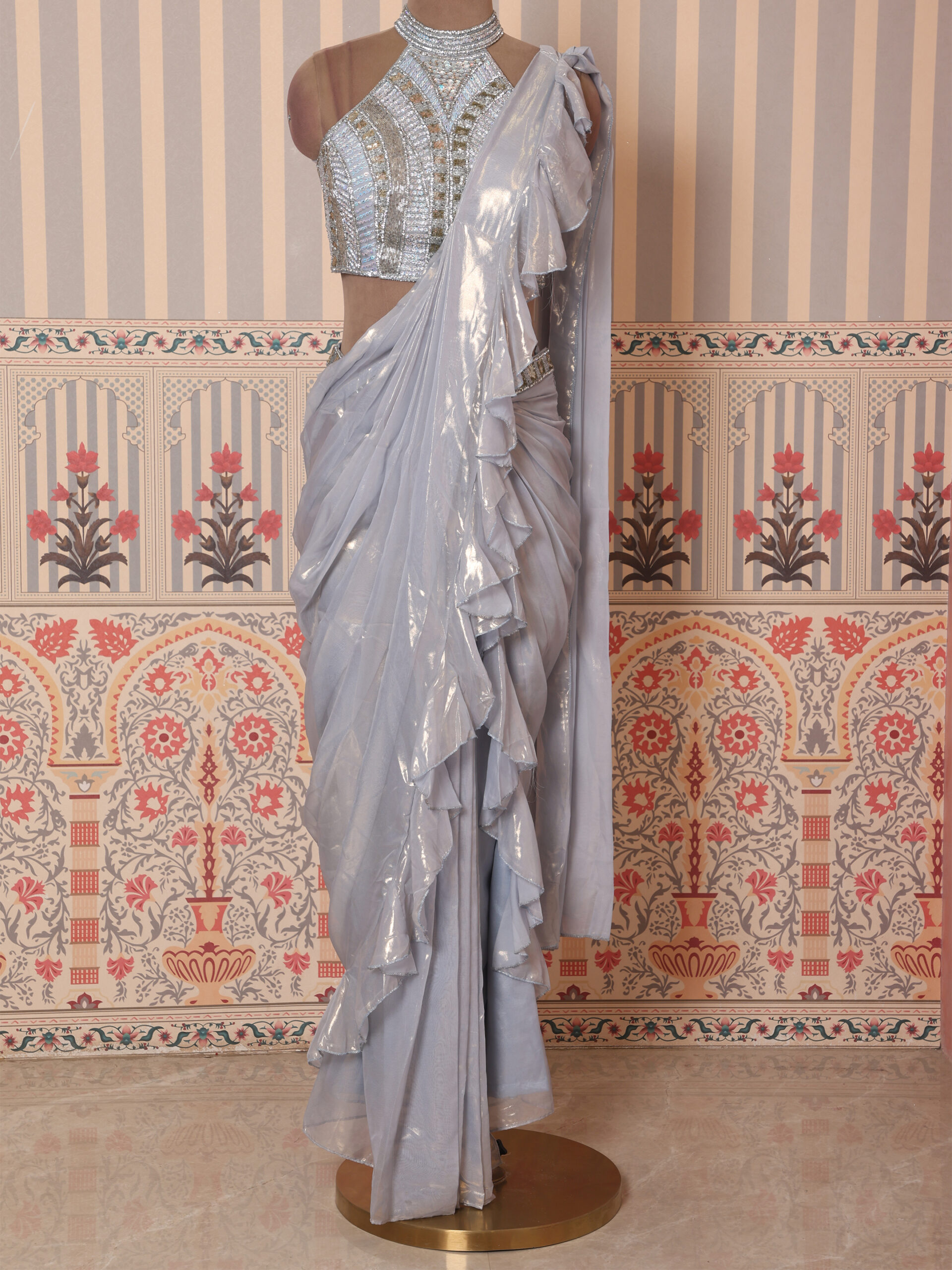 Moonlight Silver Ruffle Draped Saree with Embellished Halter Blouse - Image 7