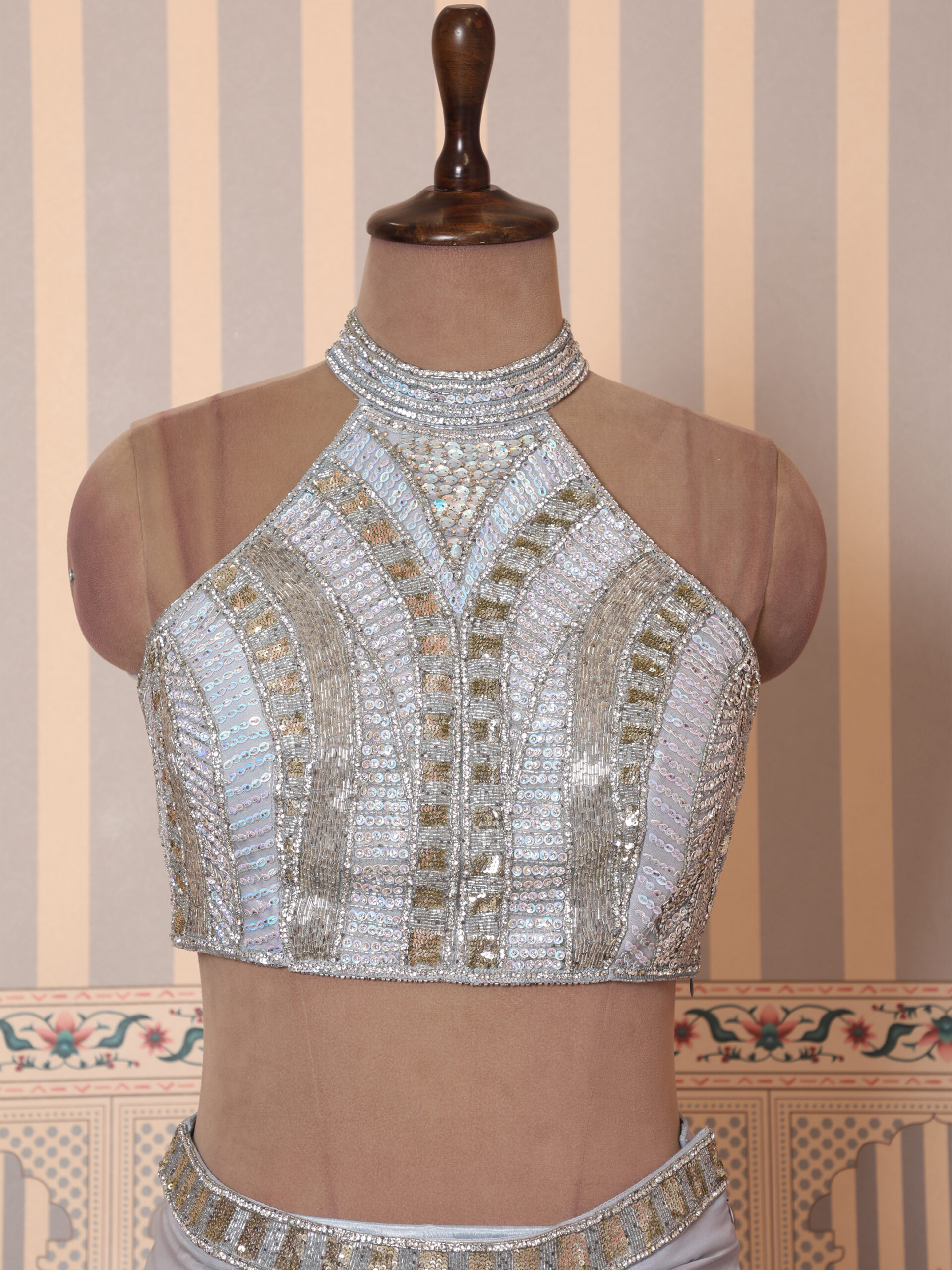 Moonlight Silver Ruffle Draped Saree with Embellished Halter Blouse - Image 8