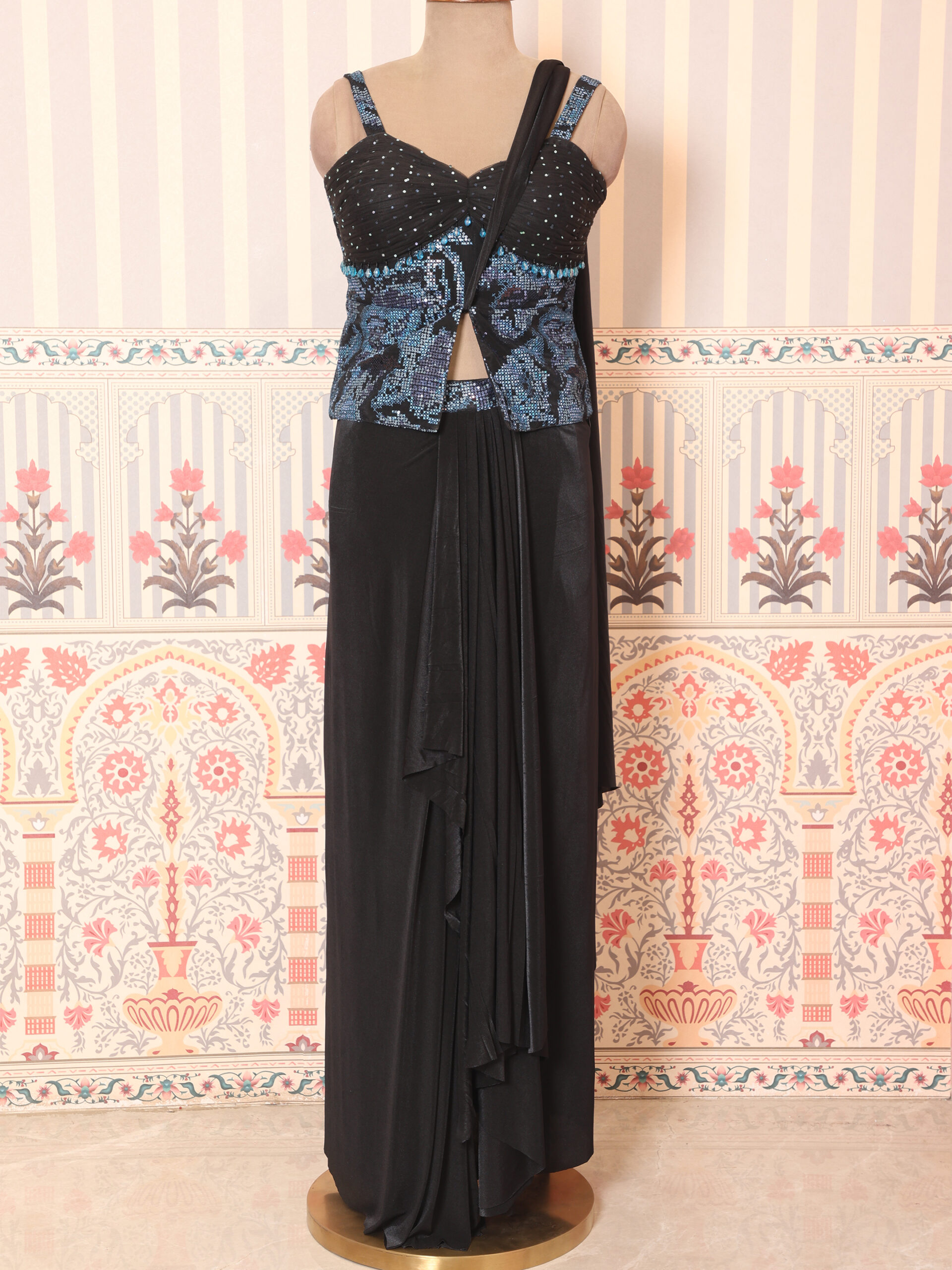 Regal Noir Pre-Draped Saree with Hand-Embellished Couture Blouse - Image 7