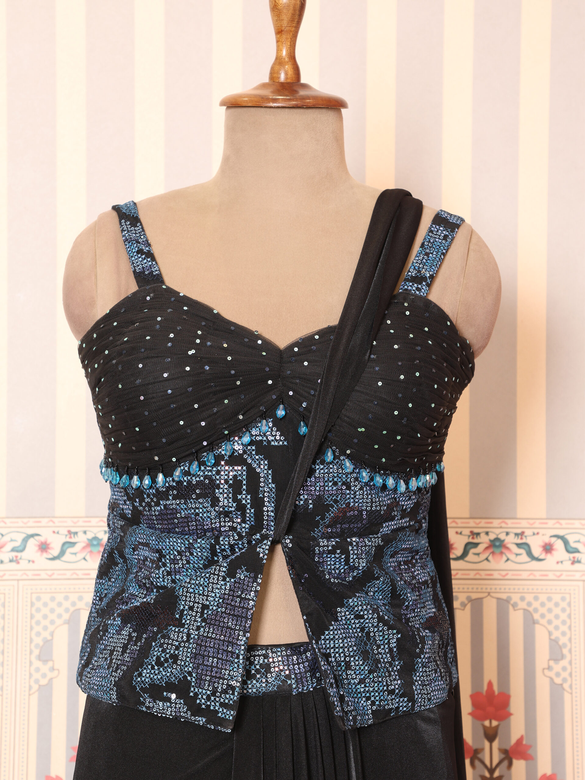 Regal Noir Pre-Draped Saree with Hand-Embellished Couture Blouse - Image 8