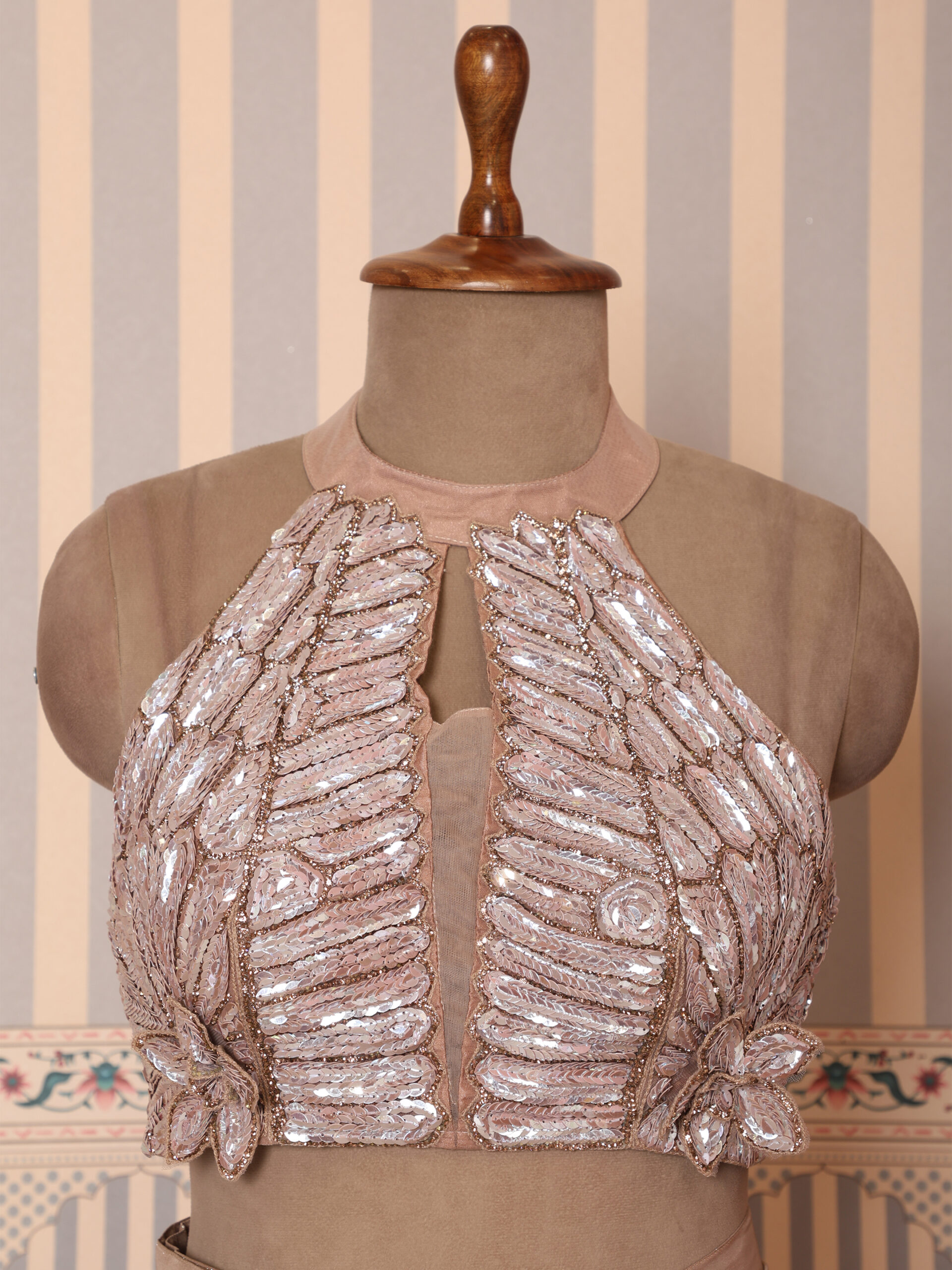 Ivory Champagne Pre-Draped Saree with Crystal Embellished Blouse - Image 8