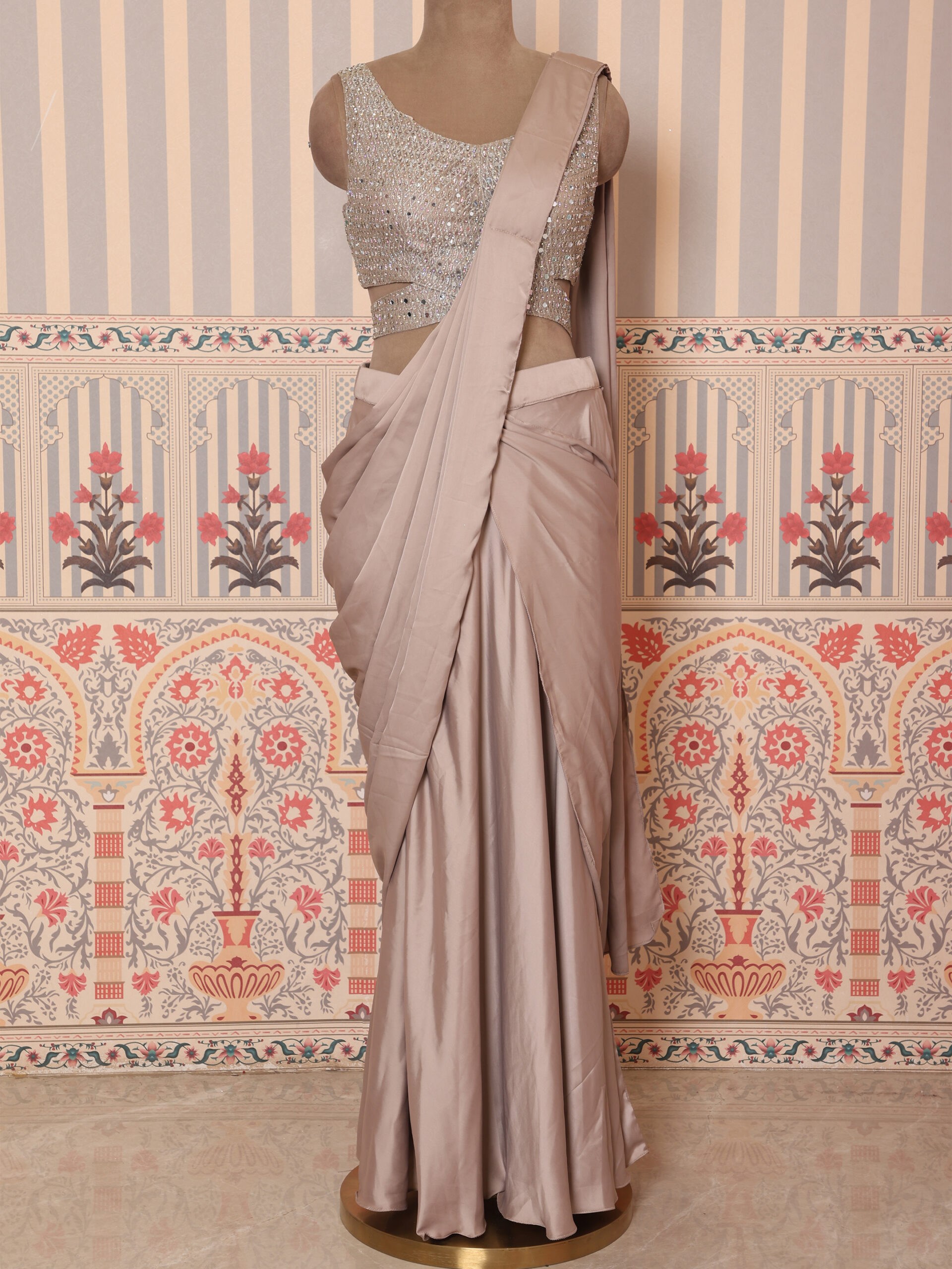 Taupe Grey Draped Saree with Embellished Blouse - Image 5
