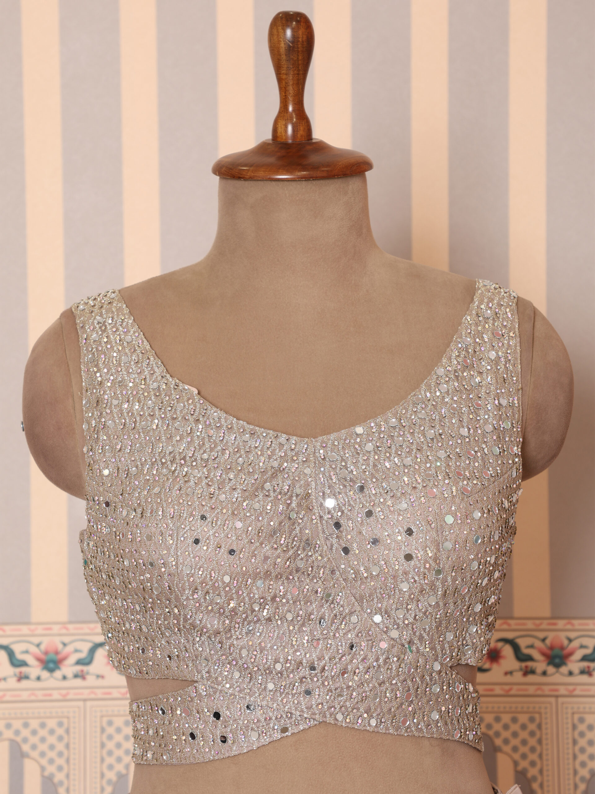 Taupe Grey Draped Saree with Embellished Blouse - Image 6