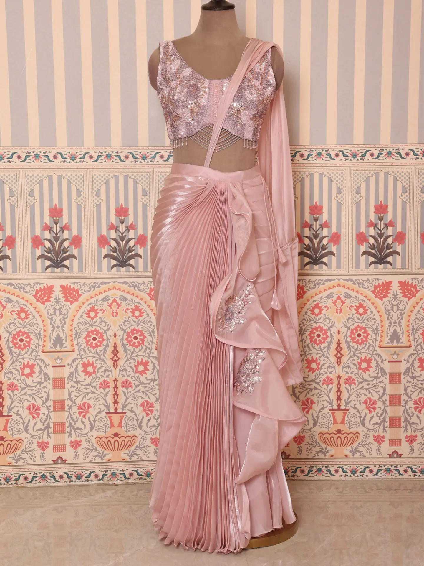 Soft Blush Pre-Draped Pleated Saree with Embellished Blouse - Image 7