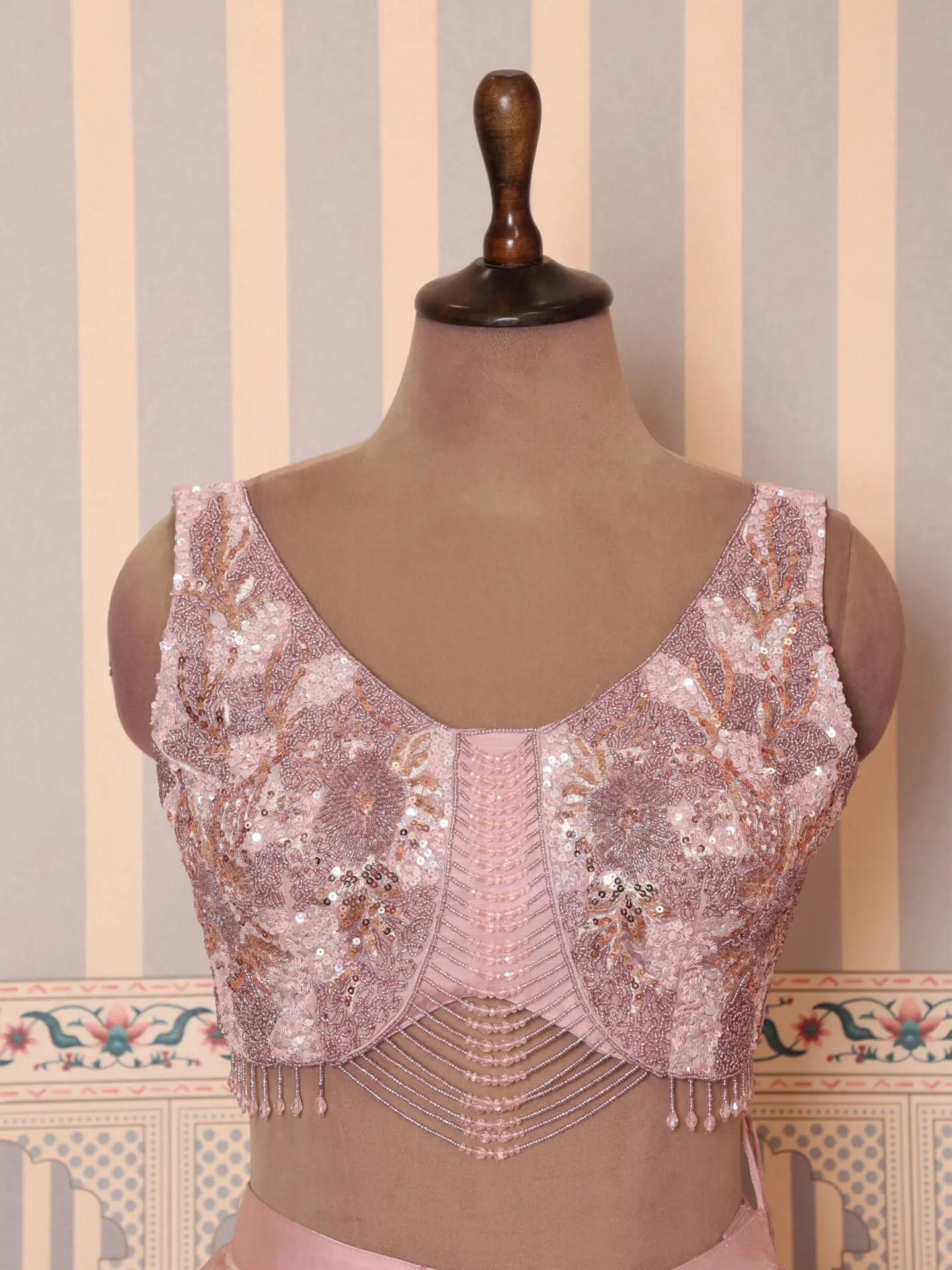 Soft Blush Pre-Draped Pleated Saree with Embellished Blouse - Image 8