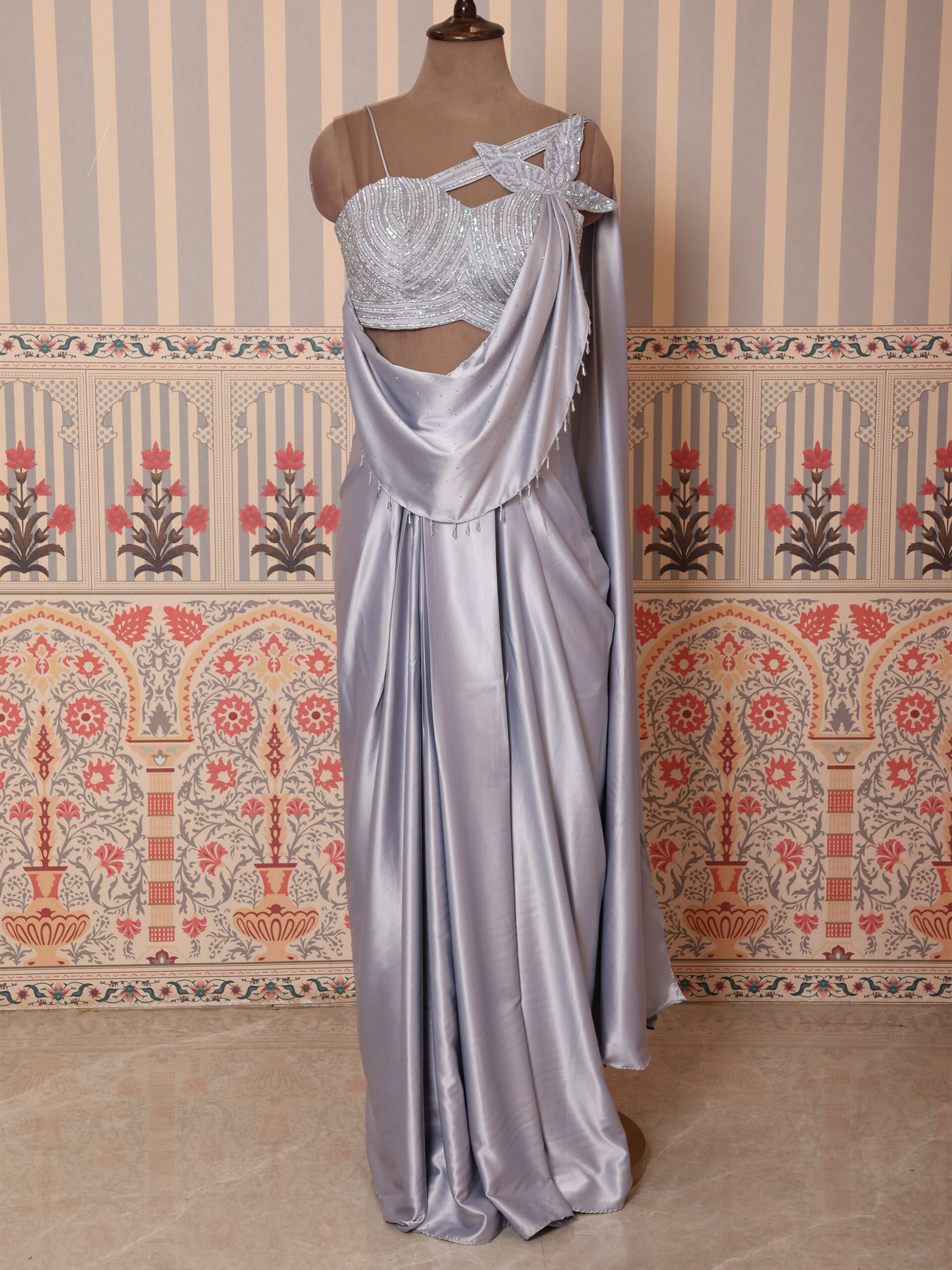 Elegant Silver Satin Pre-Draped Saree with Embellished One-Shoulder Blouse - Image 7