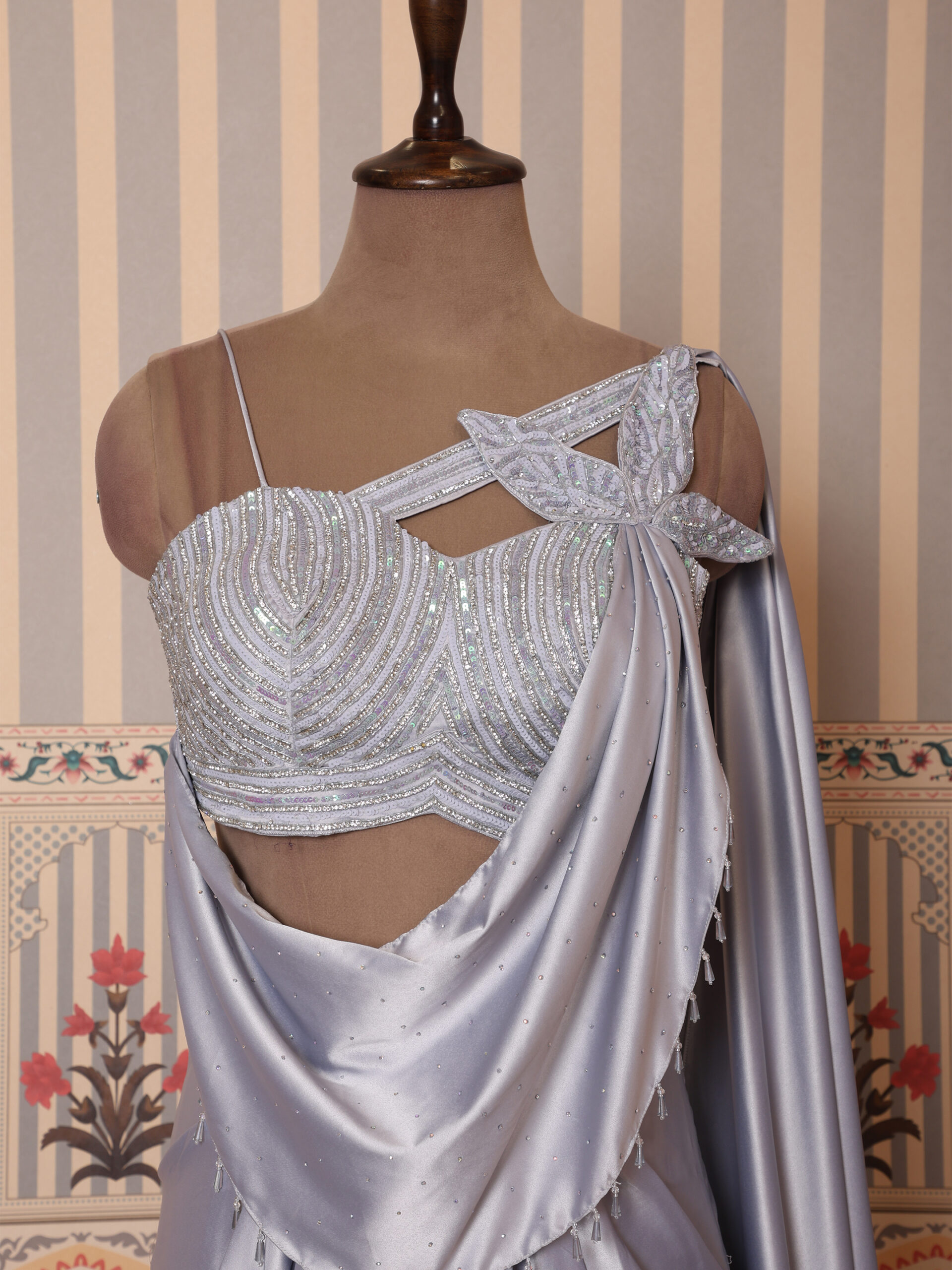 Elegant Silver Satin Pre-Draped Saree with Embellished One-Shoulder Blouse - Image 8