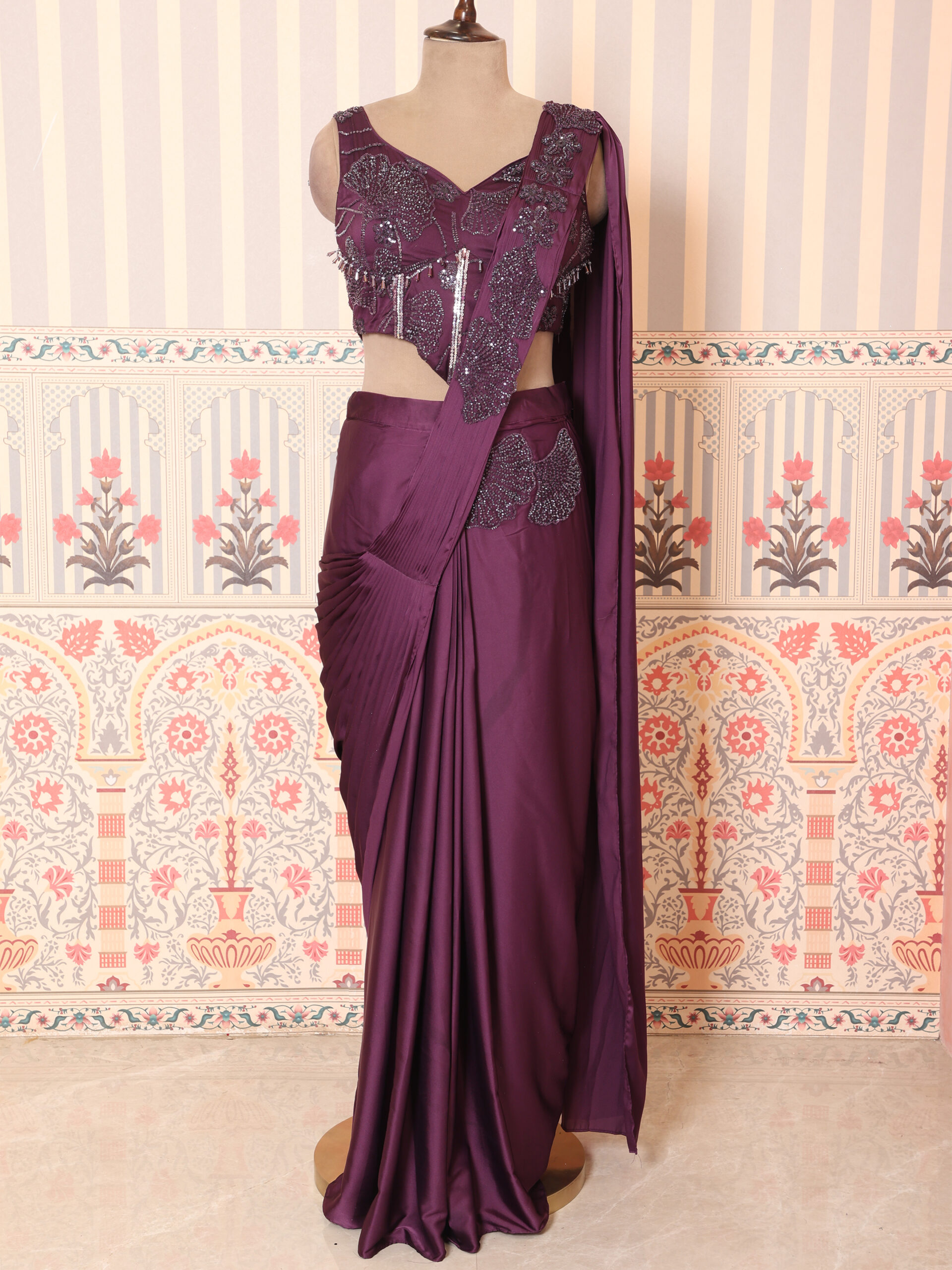 Plum Wine Embellished Pre-Draped Saree with Designer Blouse - Image 4
