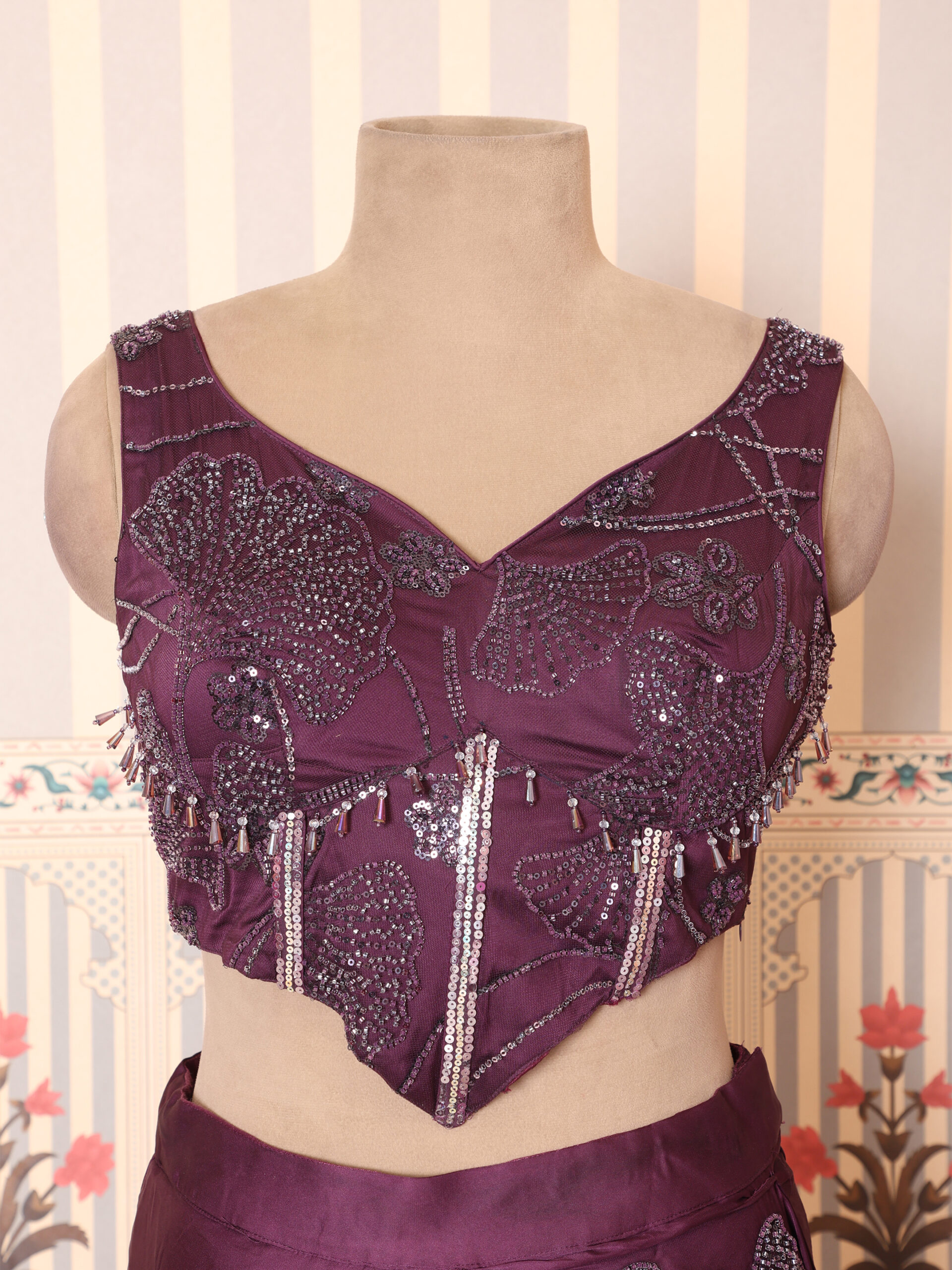 Plum Wine Embellished Pre-Draped Saree with Designer Blouse - Image 3