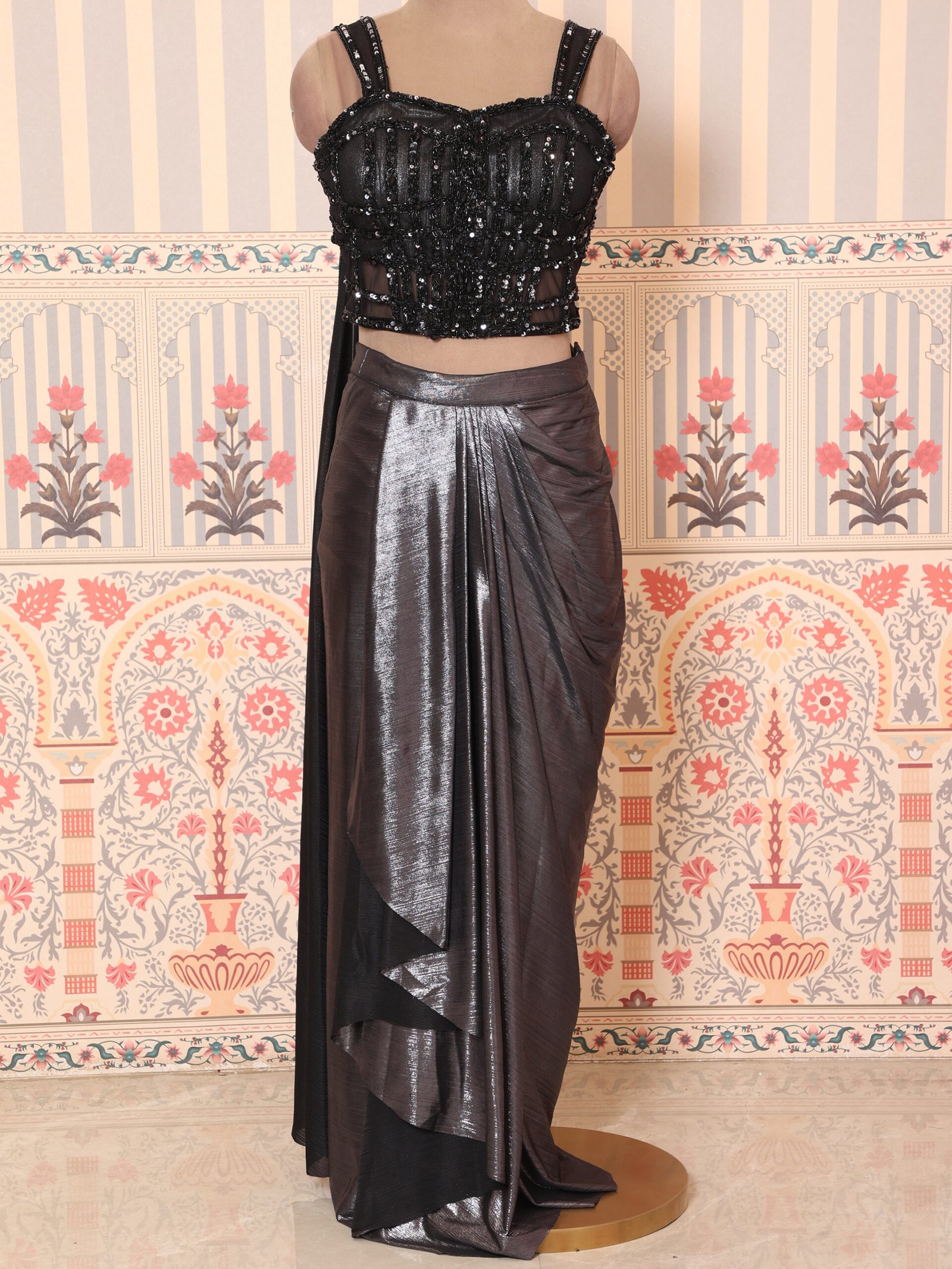 Midnight Black Shimmer Pre-Draped Saree with Embellished Sleeveless Blouse - Image 4