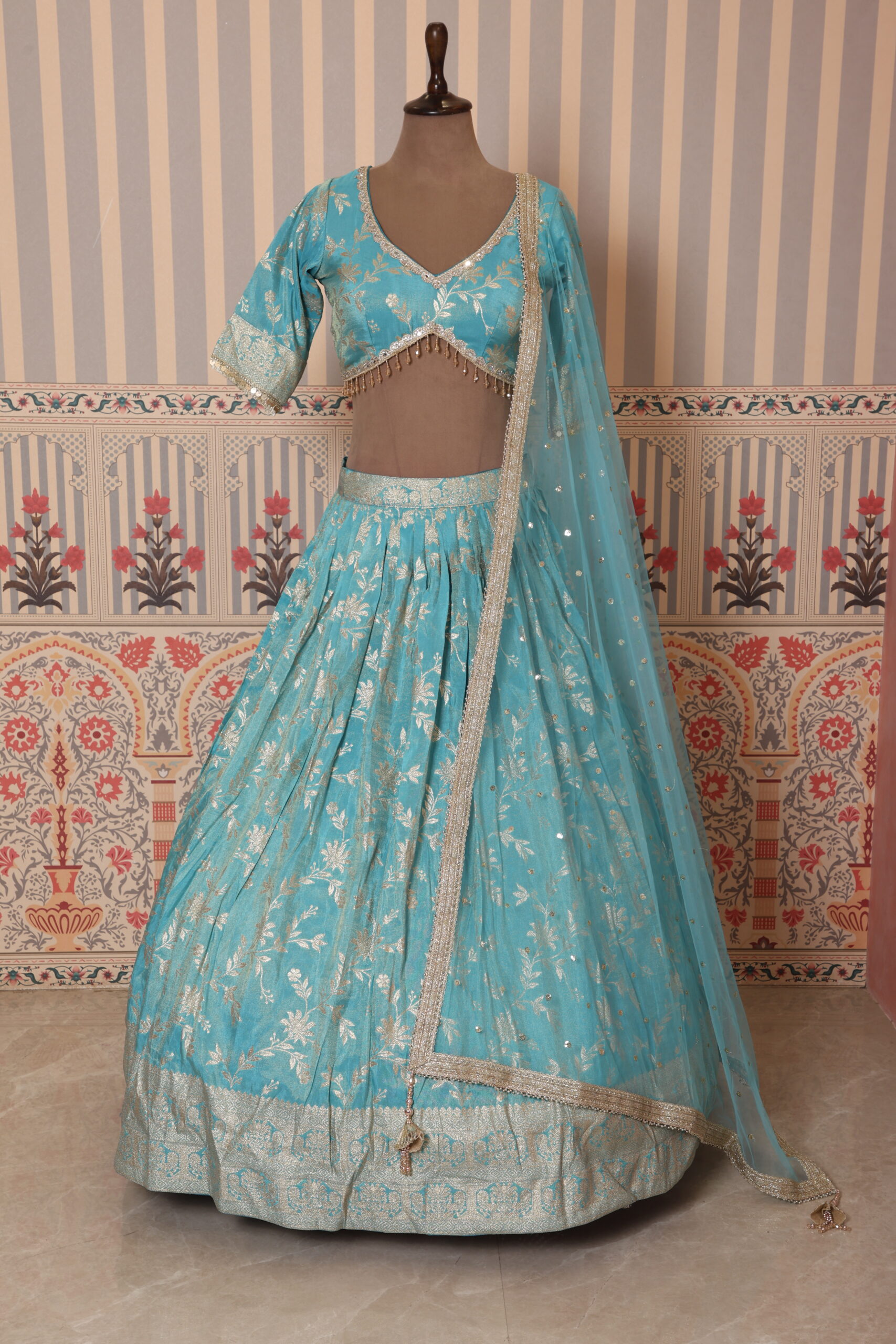 Aqua Blue Floral Woven Lehenga Choli with Net Dupatta - Image 2