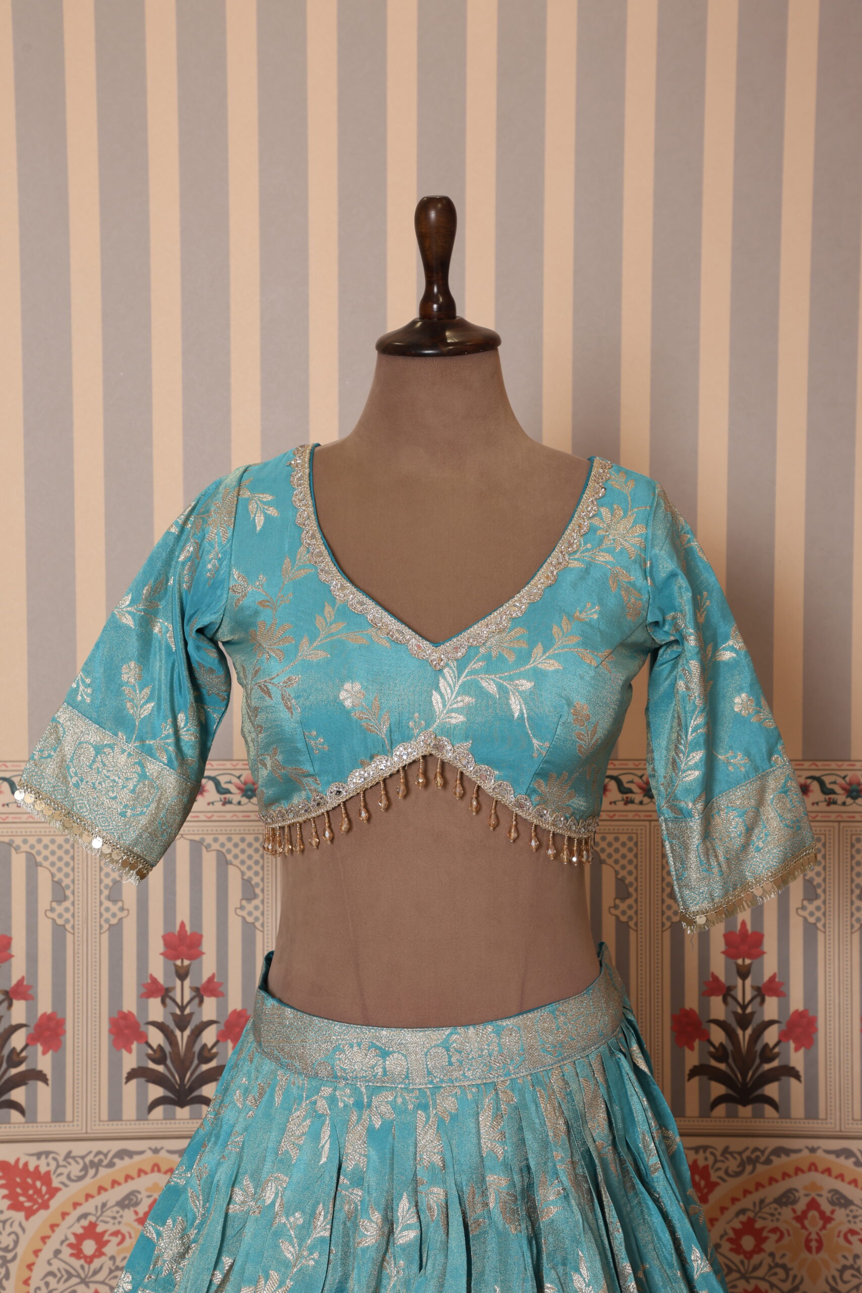 Aqua Blue Floral Woven Lehenga Choli with Net Dupatta - Image 6