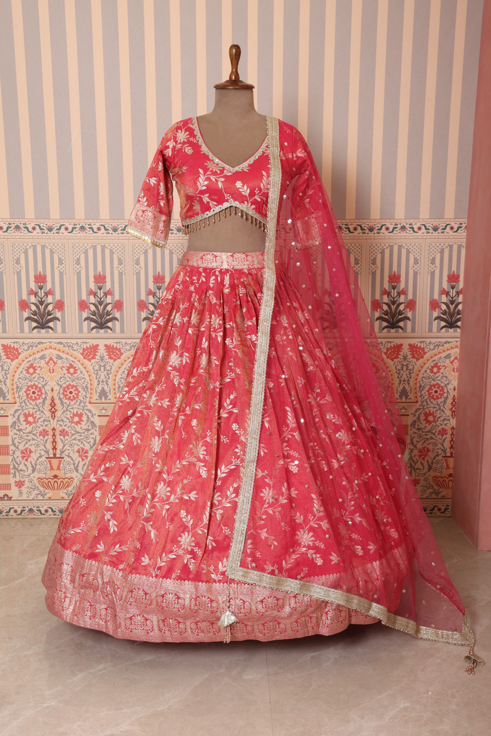 Coral Pink Floral Embroidered Lehenga Choli with Net Dupatta - Image 2