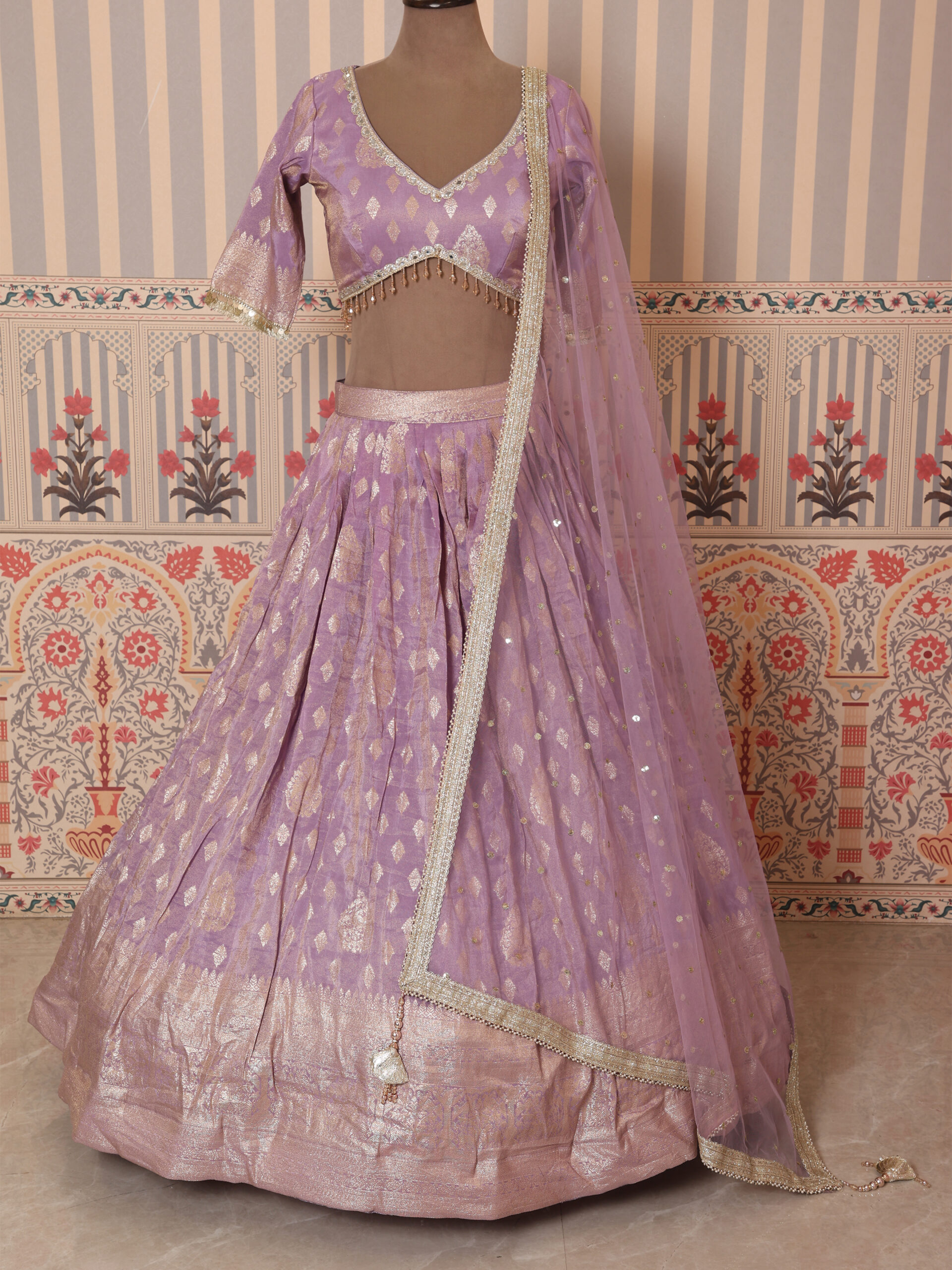 Lavender Handcrafted Silk Blend Bridal Lehenga Set - Image 7