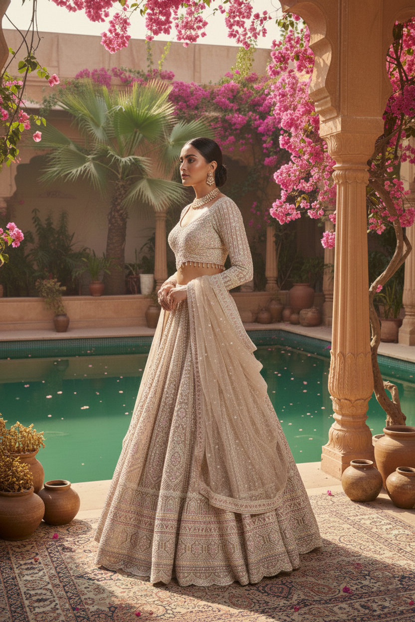 Ivory Blush Jaal Hand-Embroidered Bridal Lehenga Set - Image 7