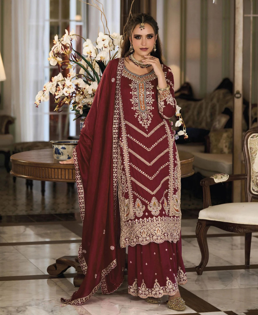 Maroon Chinon Straight Suit For Women Wear