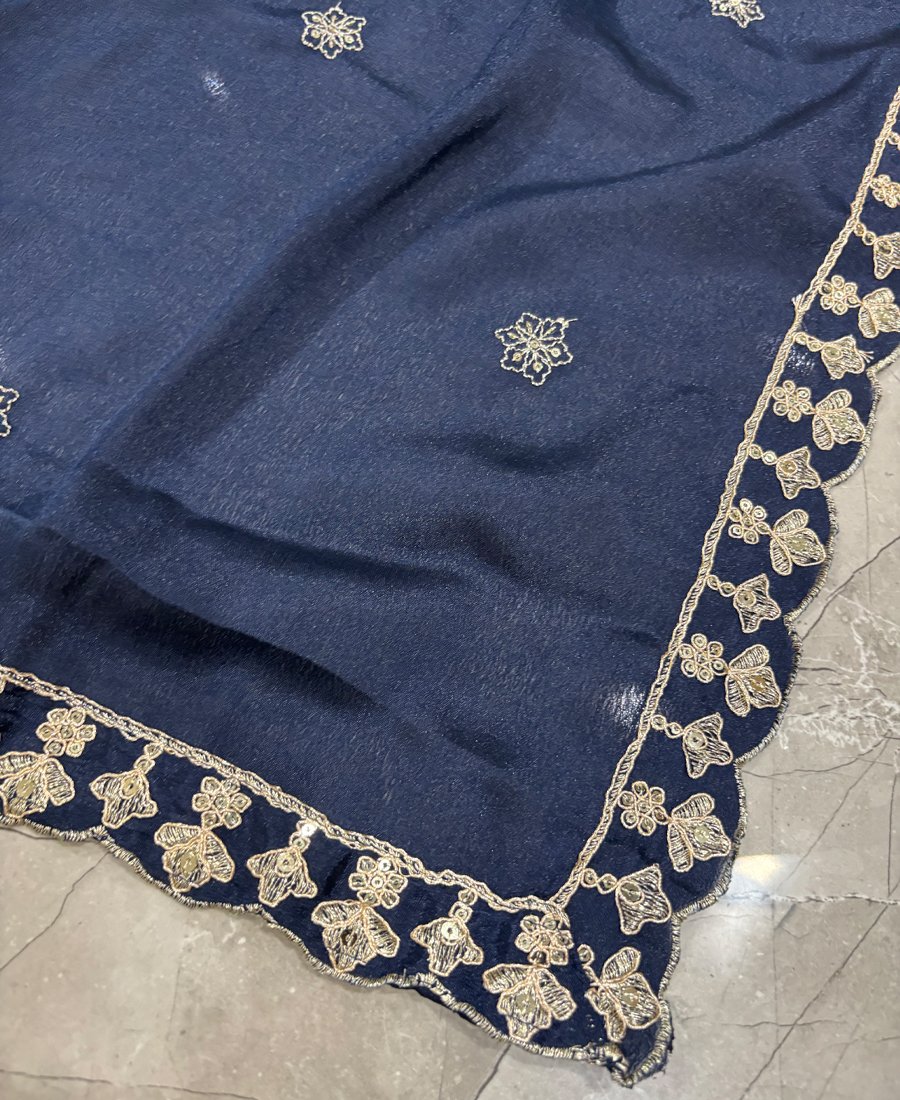 Navy Blue Chinon Straight Suit For Women Wear